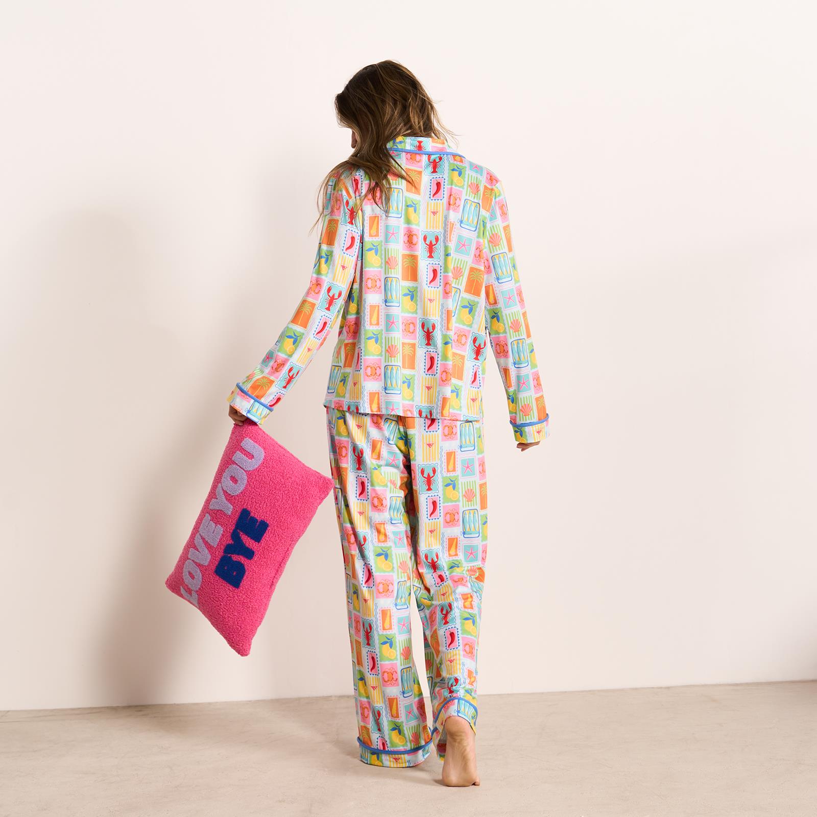 OHS Postcards Print Pyjama Set Womens Jersey Button Through Nightwear Loungewear