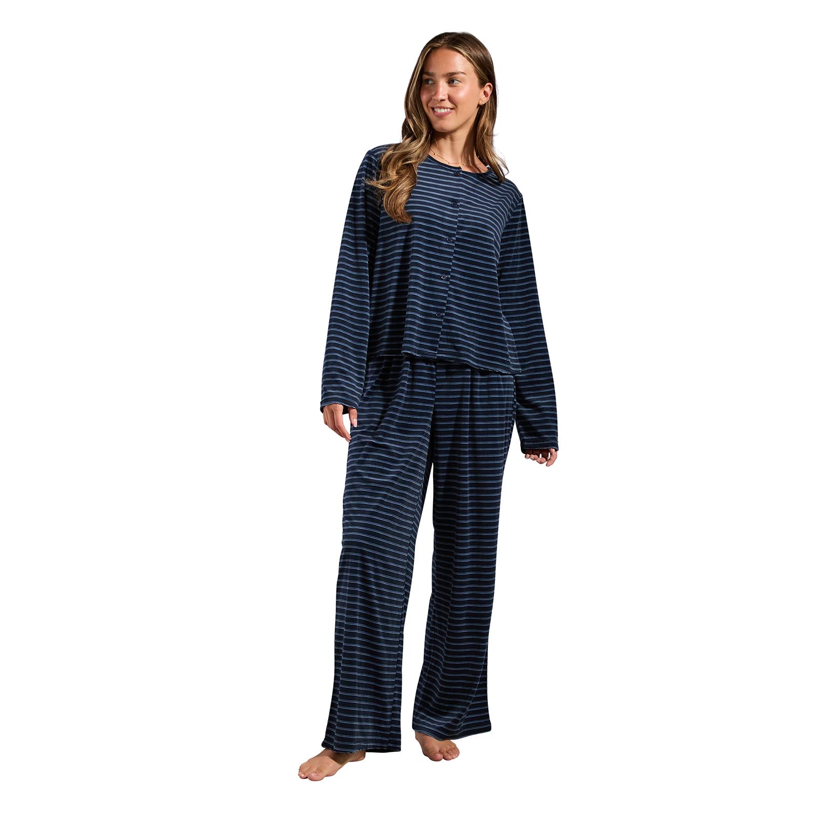 OHS Matte Velvet Loungewear Co-Ord Set Stripe Print Button Through Nightwear
