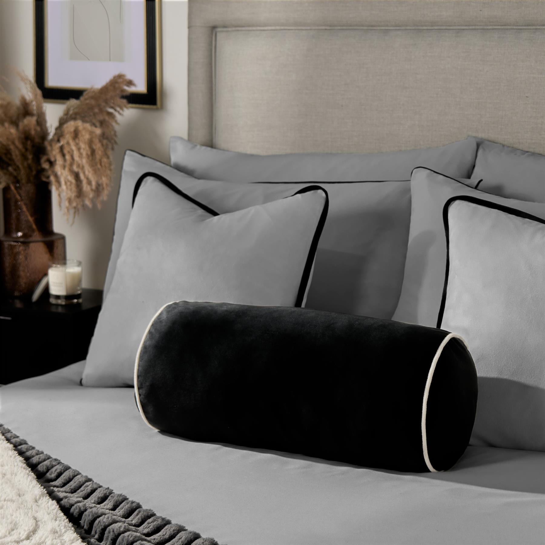 OHS Piped Edge Bolster Cushion Matte Velvet Bedroom Sofa Plump Filled Pillow