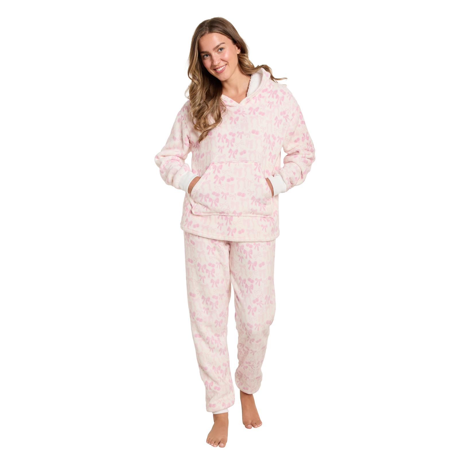 OHS Bow Print Loungewear Set Winter Sherpa Nightwear 2-Piece Hoodie Jogger Gift