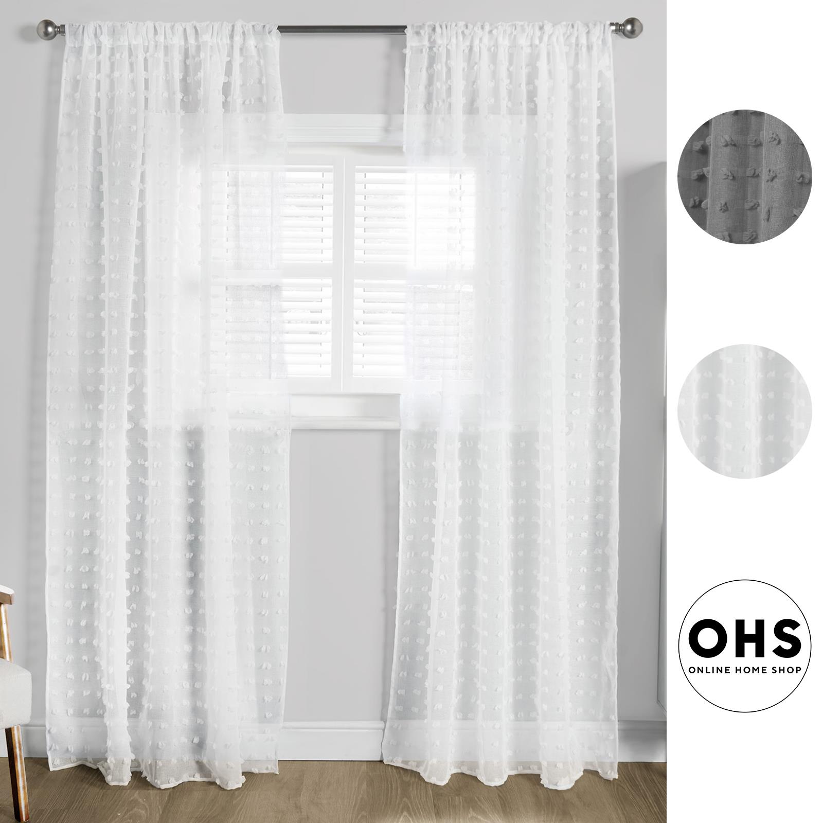 OHS Pompom Tufted Voile Net Curtains Pair 2 Window Panels Slot Top Set 55