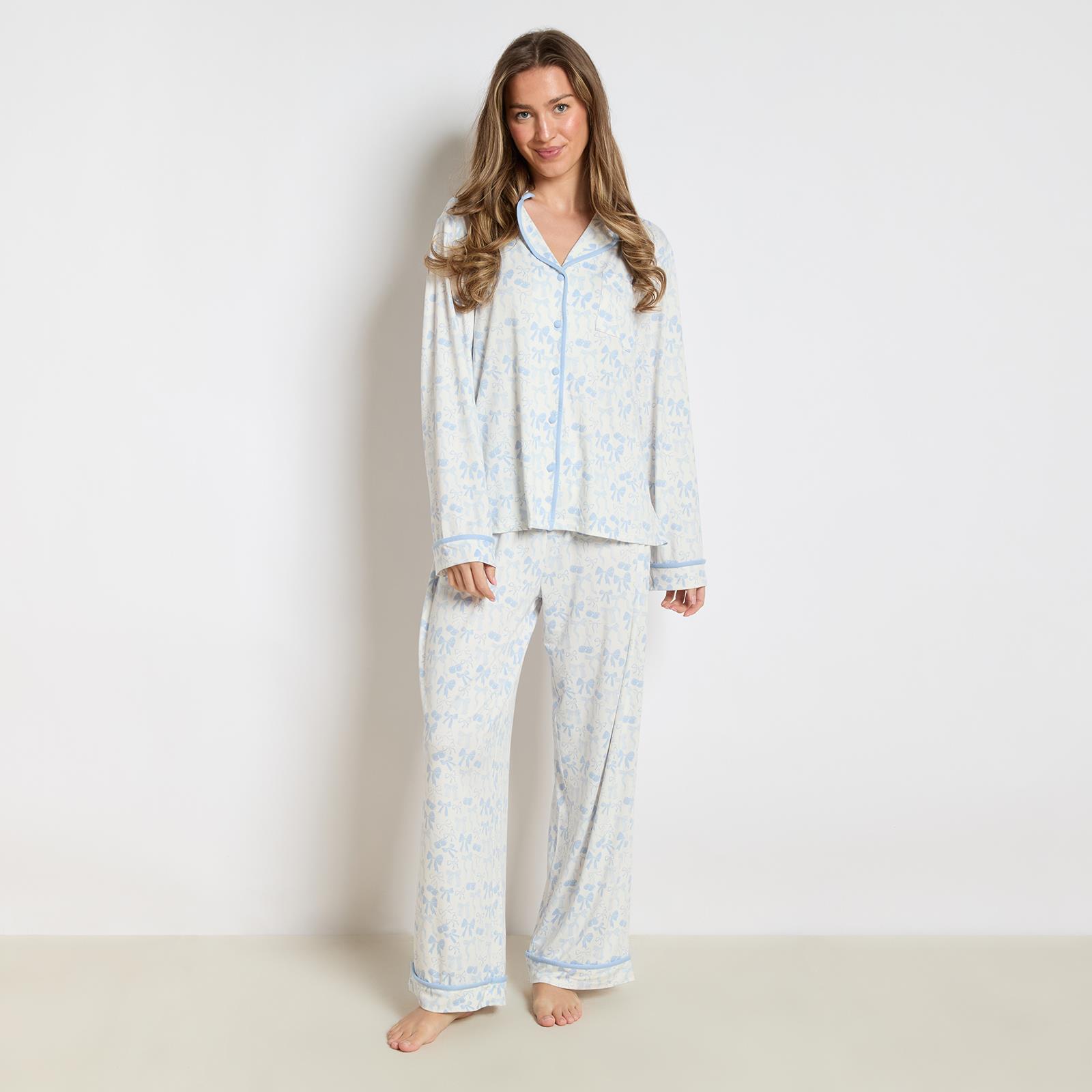 OHS Bows Pyjama Set Womens Jersey Button Through Soft Nightwear Loungewear