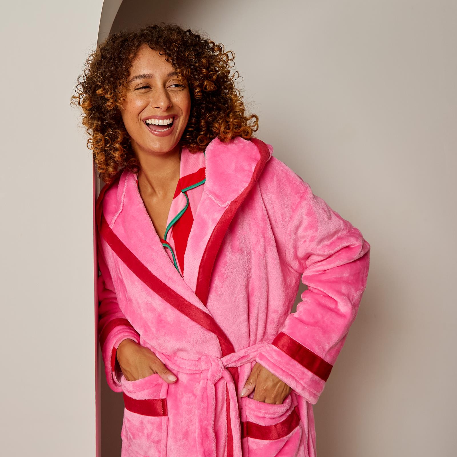 OHS Piped Edge Dressing Gown Flannel Fleece Winter Loungewear Hooded Bathrobe