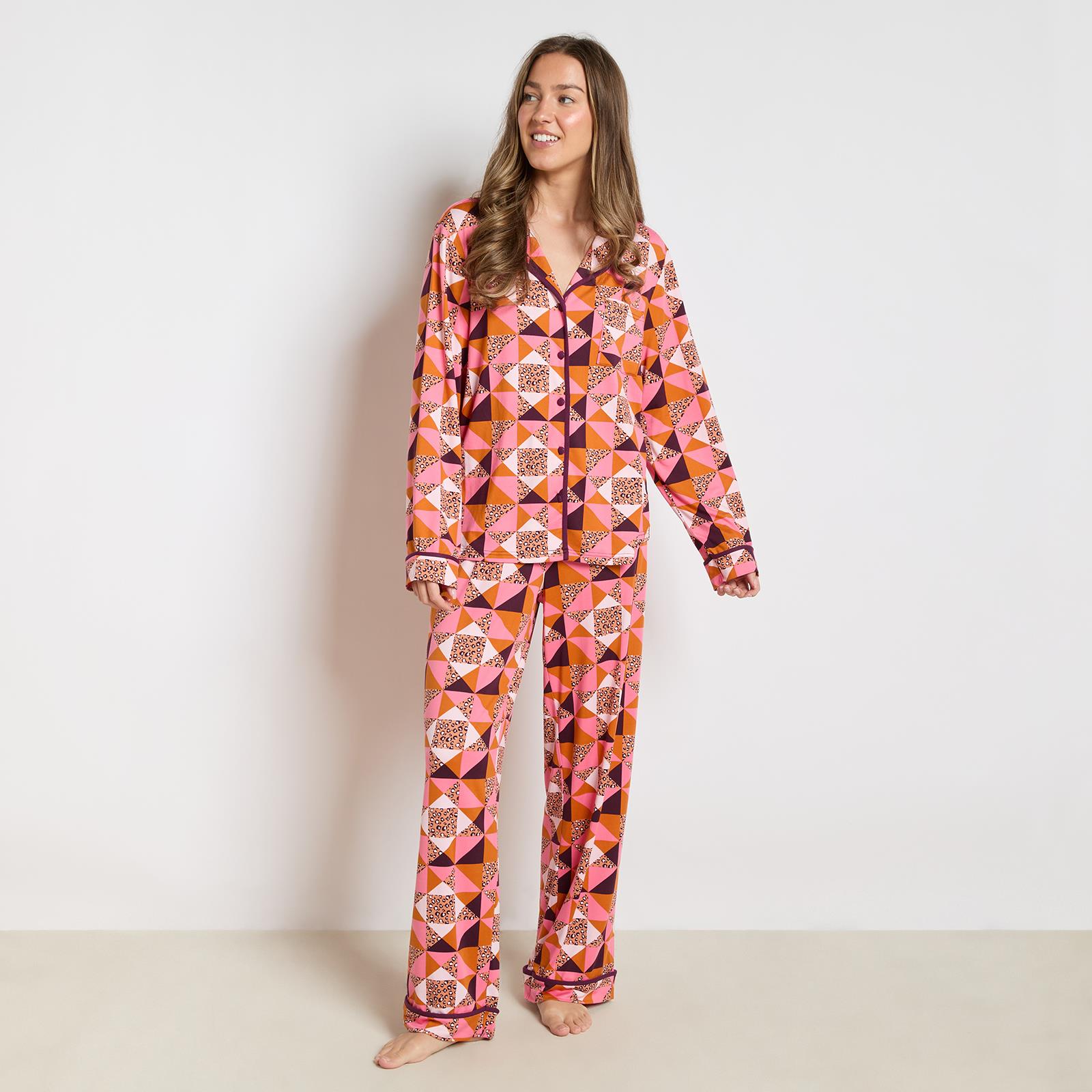 OHS Geo Print Pyjama Set Jersey Button Through Ultra Soft Nightwear Loungewear