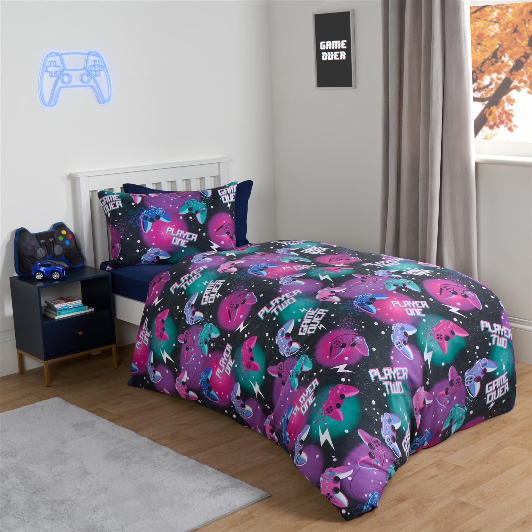 Gaming Duvet Cover Quilt Bedding Set Neon Reversible Kids Bed Soft Single Double