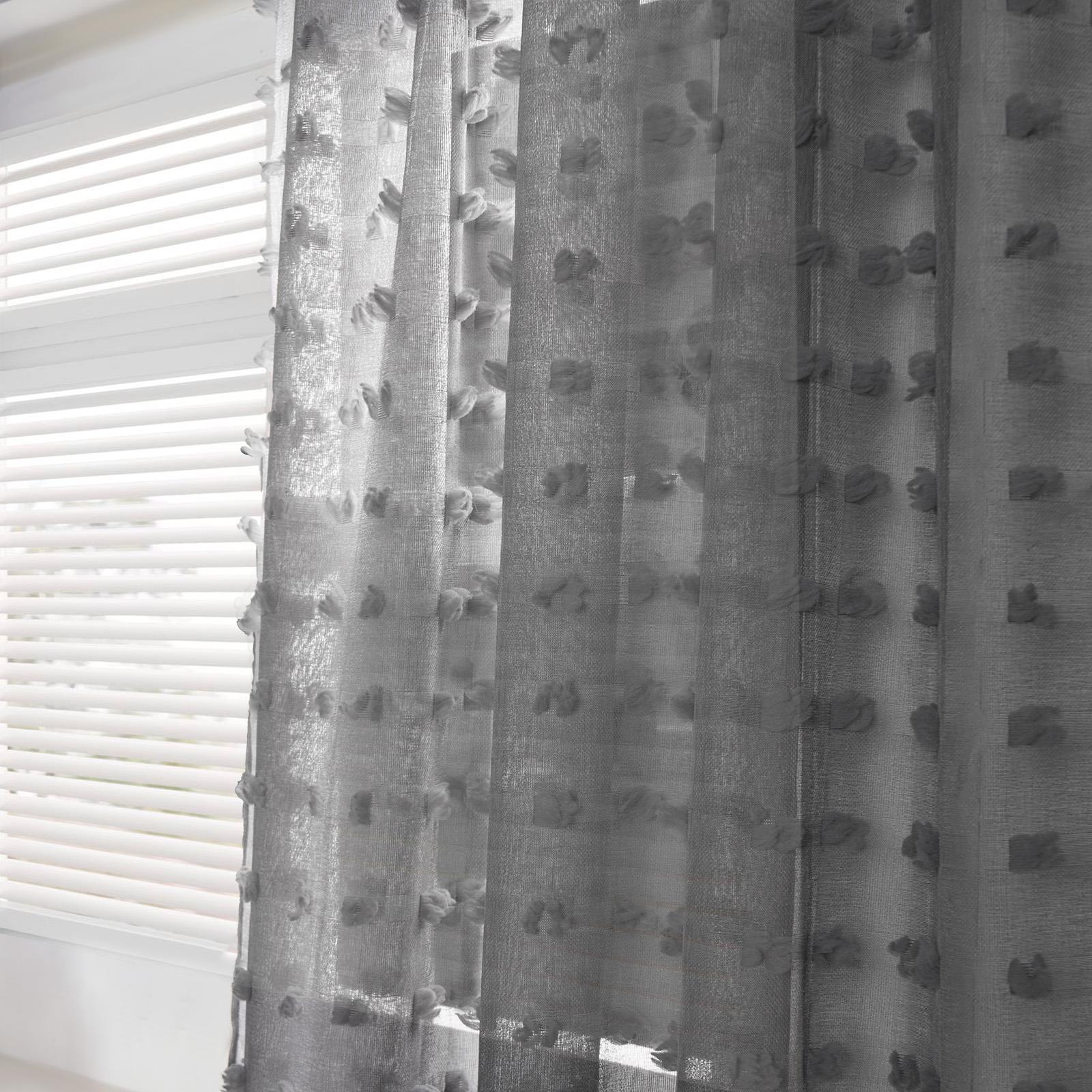 OHS Pompom Tufted Voile Net Curtains Pair 2 Window Panels Slot Top Set 55