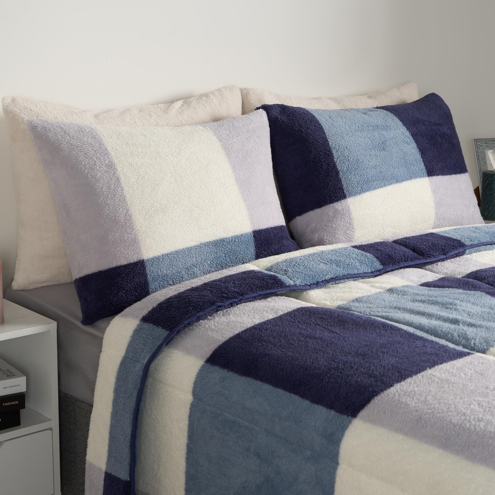 OHS Check Coverless Duvet Pillowcase Bedding Set Teddy Fleece Gingham 10.5 TOG