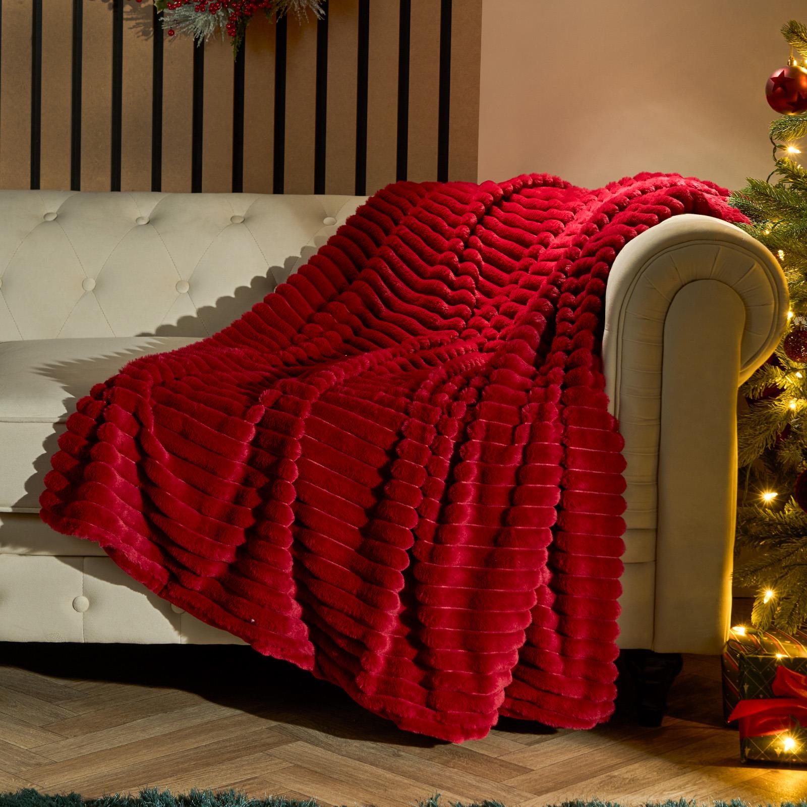 OHS Faux Fur Ribbed Fleece Throw Over Bed Blanket Warm Supersoft