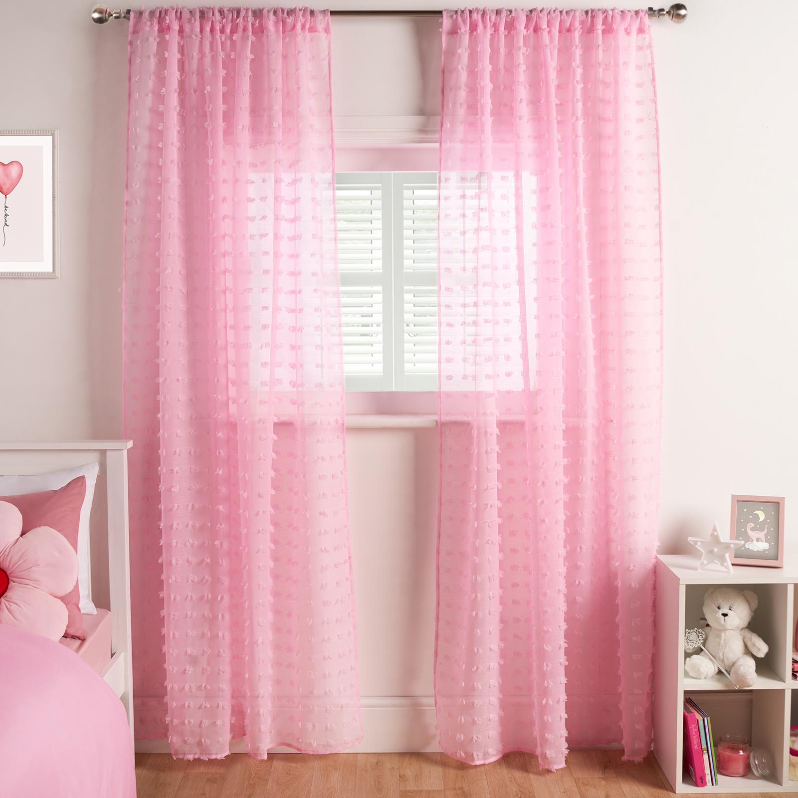 OHS Pompom Tufted Voile Net Curtains Pair 2 Window Panels Slot Top Set 55