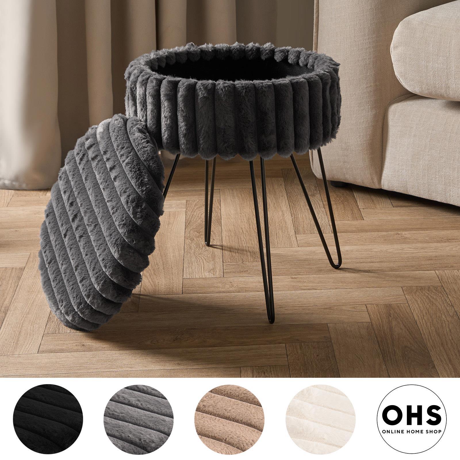 OHS Faux Fur Stool Hairpin Ribbed Fleece Round Vanity Seat Foot Rest Chair