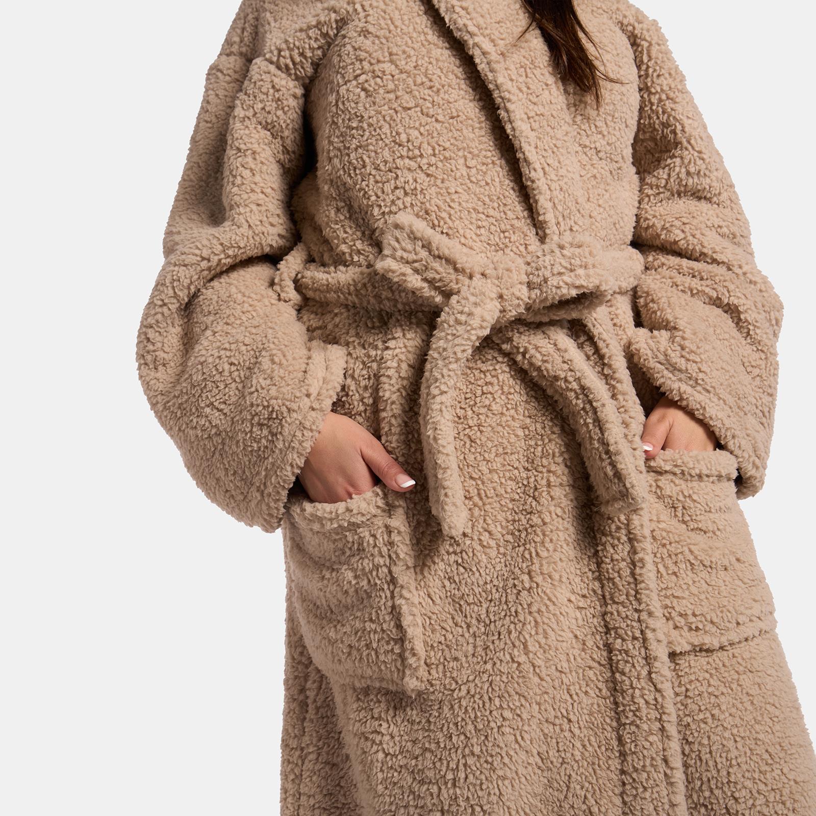 OHS Teddy Fleece Dressing Gown Floor Length Hooded Bathrobe Winter Loungewear