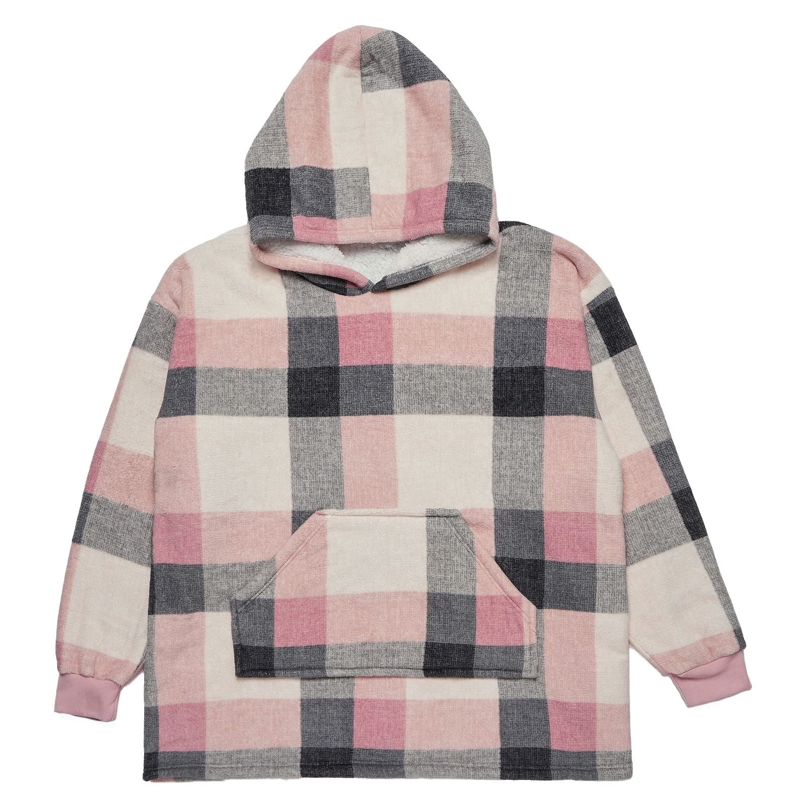 Dreamscene Check Hoodie Blanket Soft Wearable Sherpa Oversized Sweatshirt, Blush