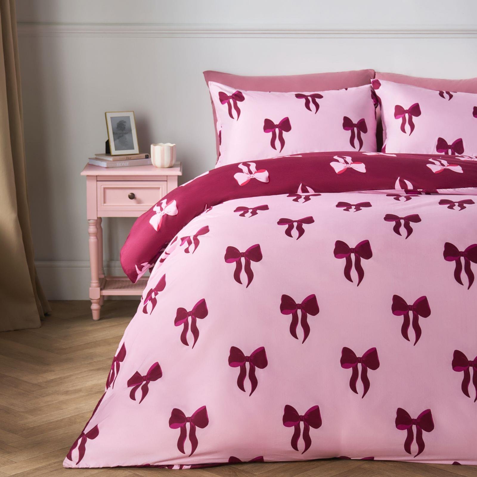 OHS Bow Reversible Duvet Cover Set with Pillowcase Polycotton Microfibre Bedding