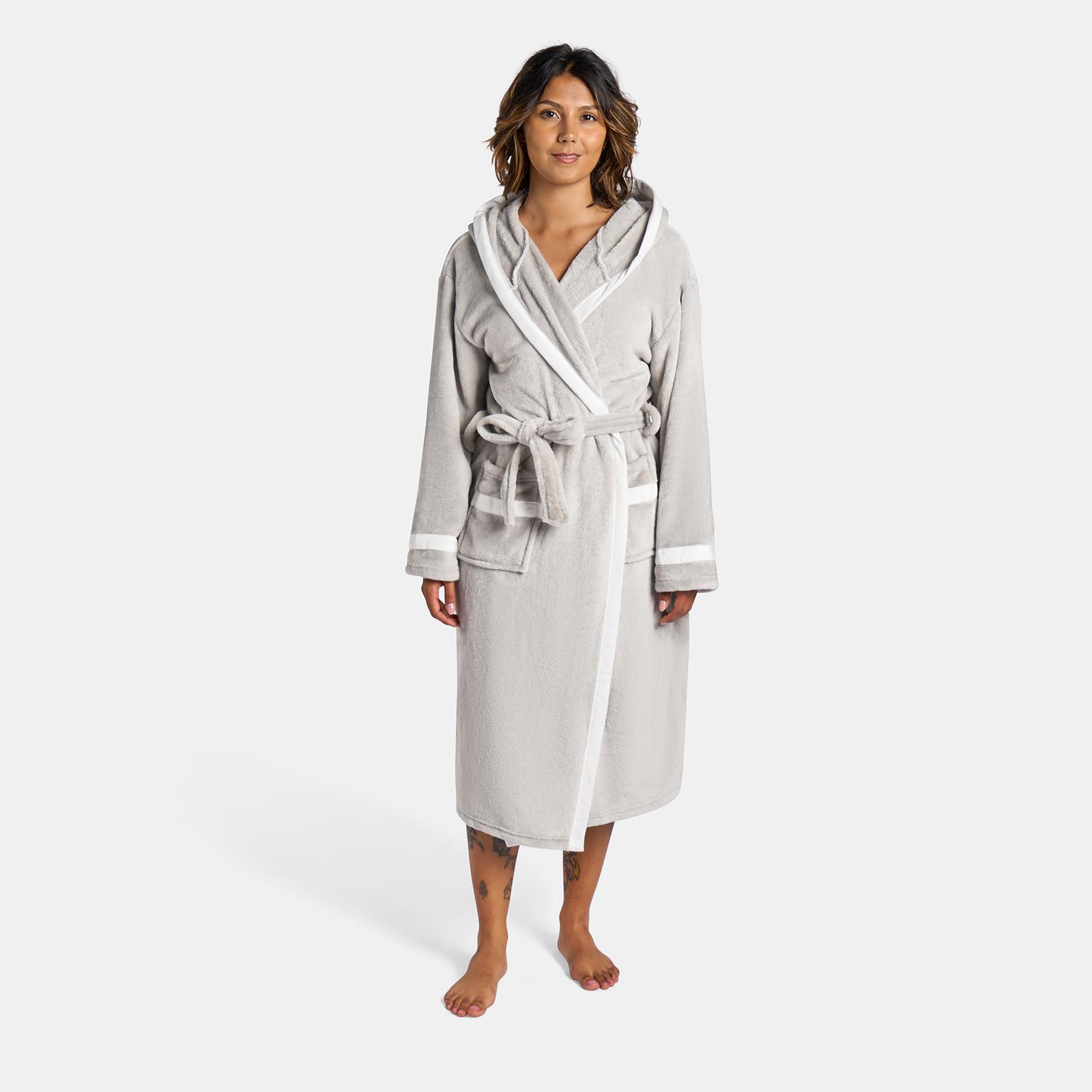 OHS Piped Edge Dressing Gown Flannel Fleece Winter Loungewear Hooded Bathrobe