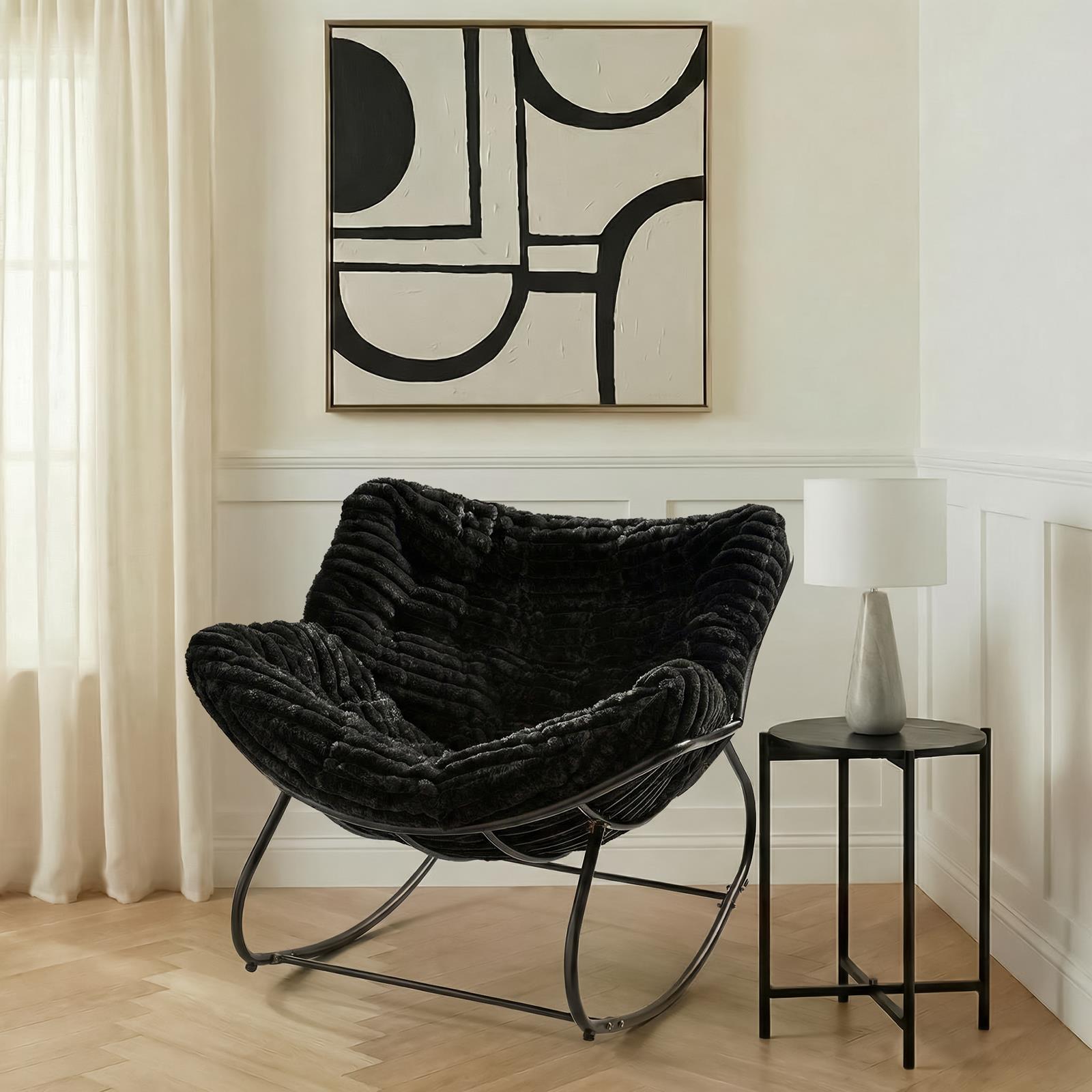 OHS Rocking Chair Ribbed or Smooth Faux Fur Upholstered Metal Frame Cushioned