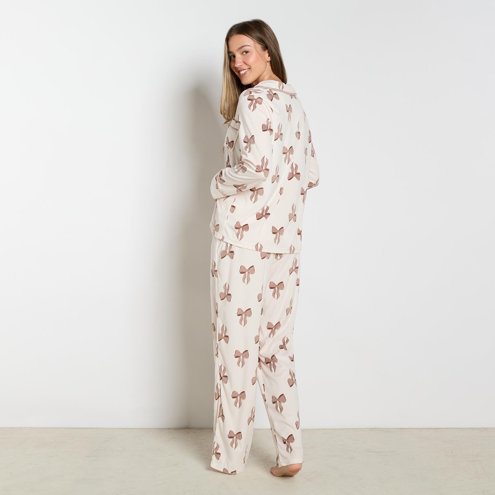OHS Bows Pyjama Set Womens Button Through Baby Fleece Loungewear Nightwear