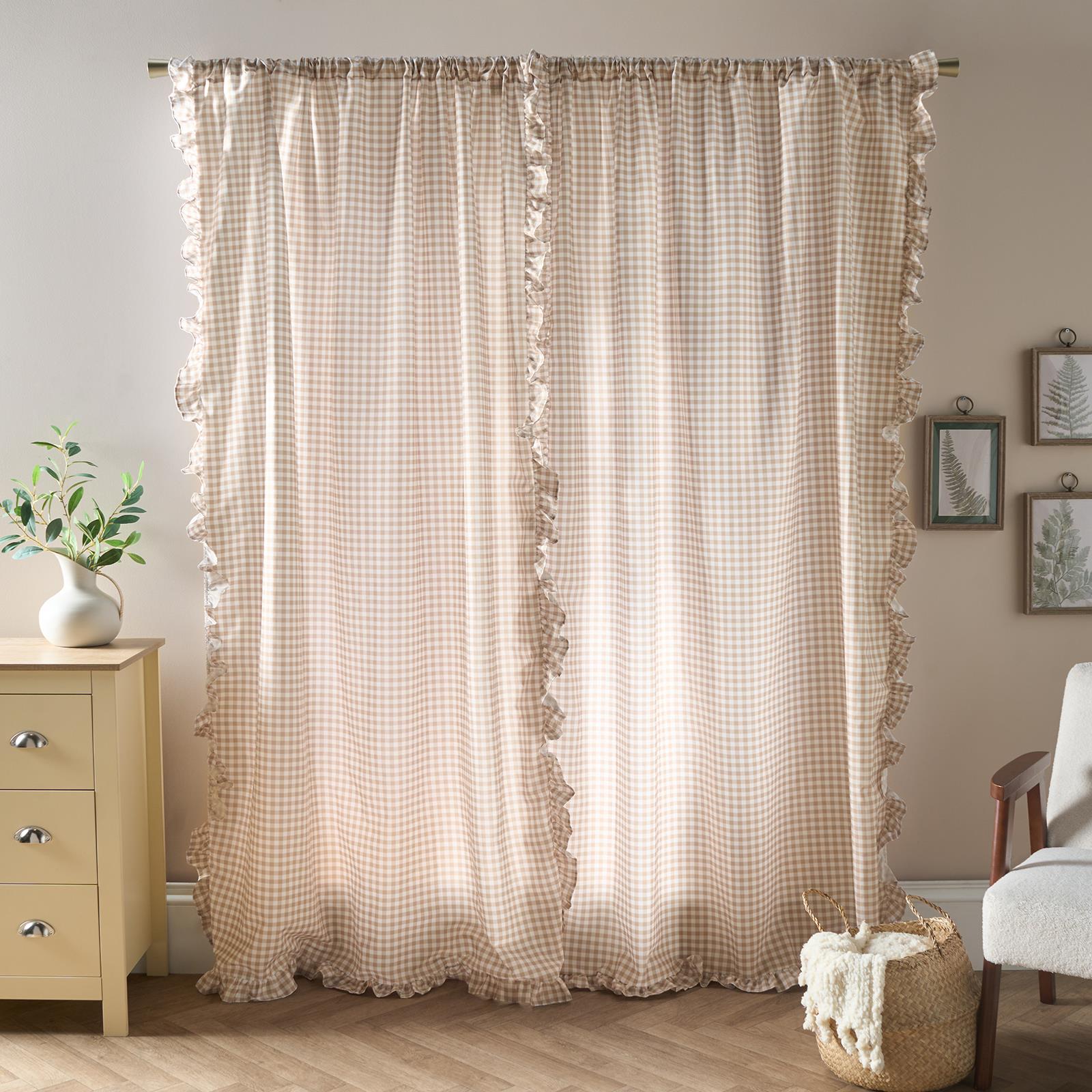OHS Gingham Frill Voile Net Curtains 2 Window Panels Sheer Rod Slot Top Pair Set