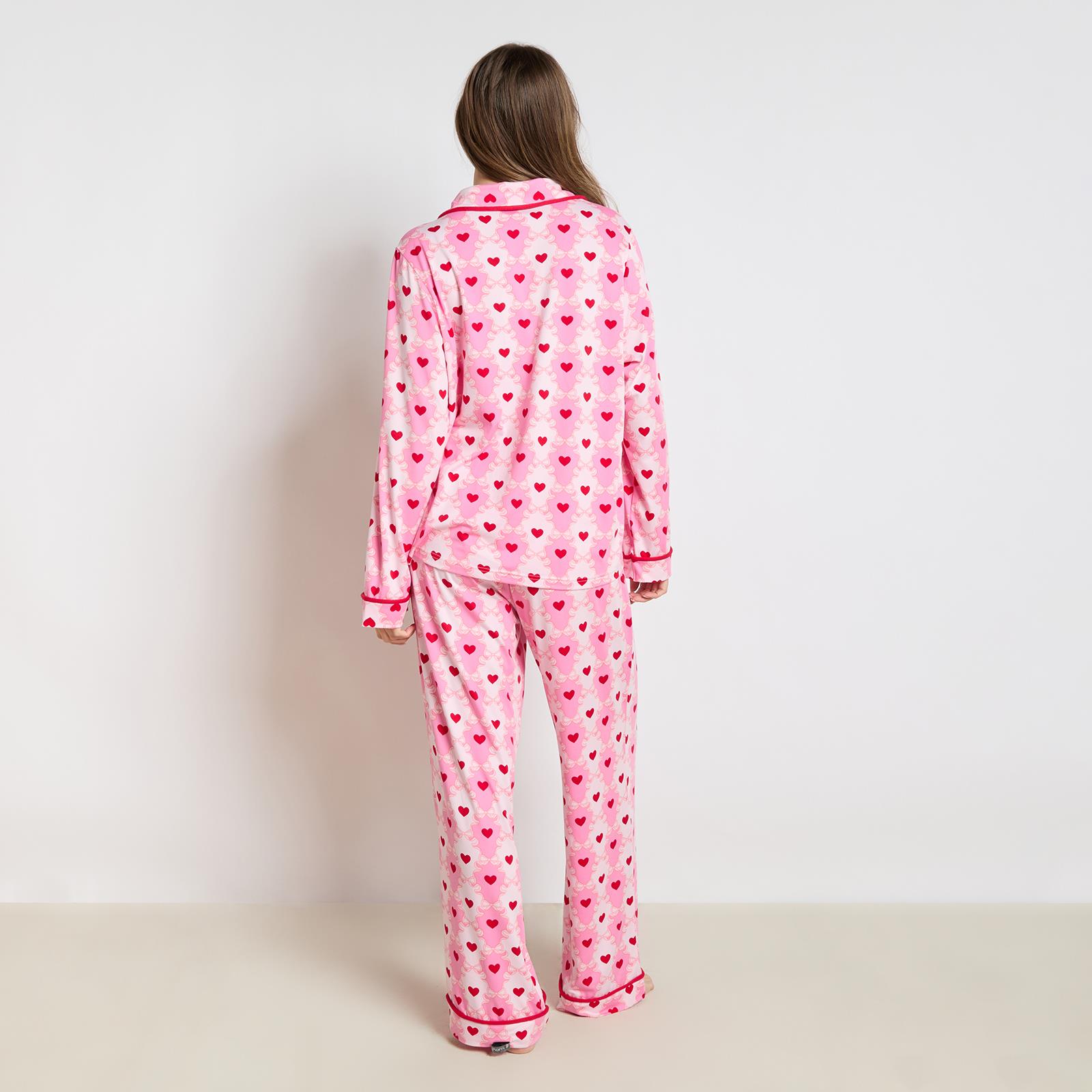OHS Bows Pyjama Set Womens Jersey Button Through Soft Nightwear Loungewear