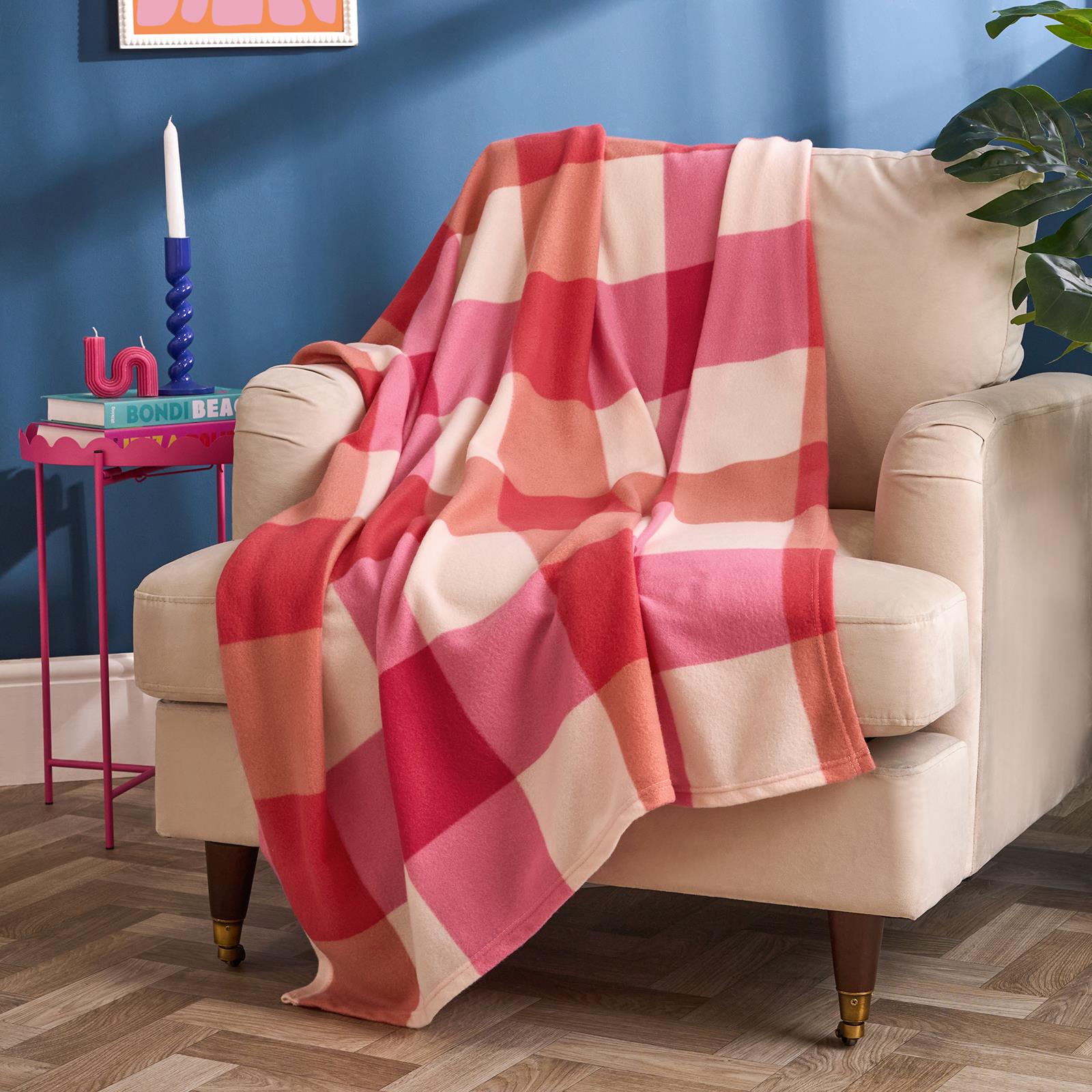OHS Gingham Print Throw Soft Blanket Polar Fleece Lightweight Bedspread