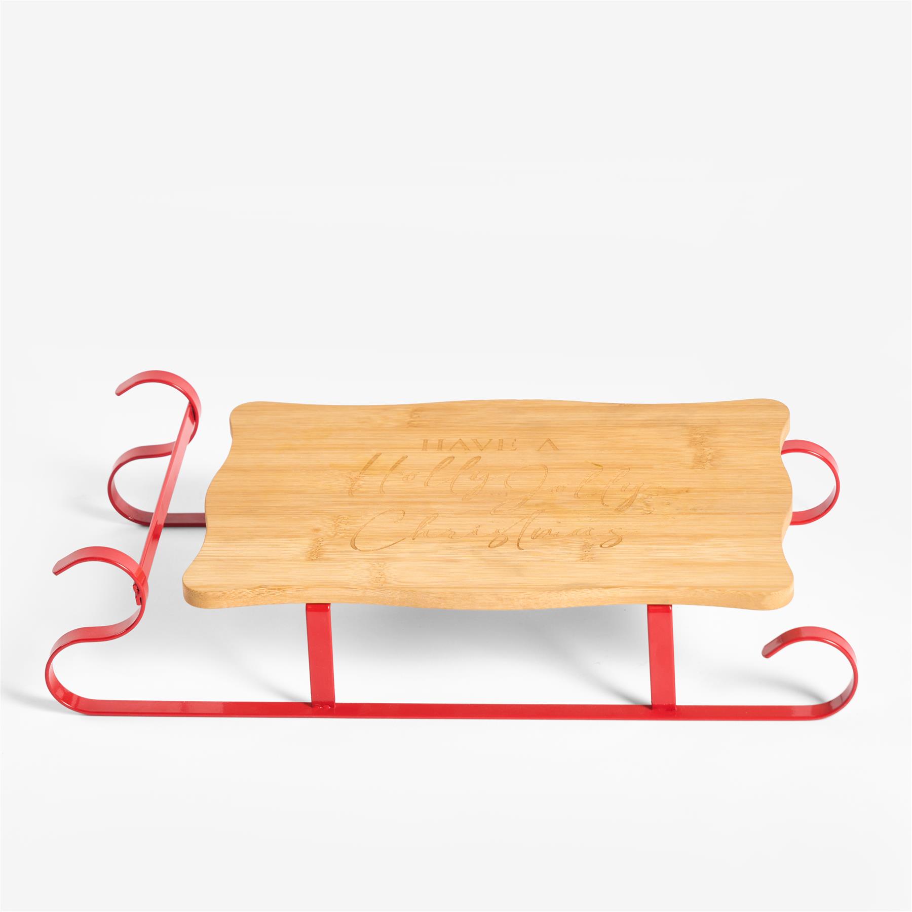 OHS Sleigh Serving Platter Bamboo Festive Xmas Cutting Board with Metal Frame