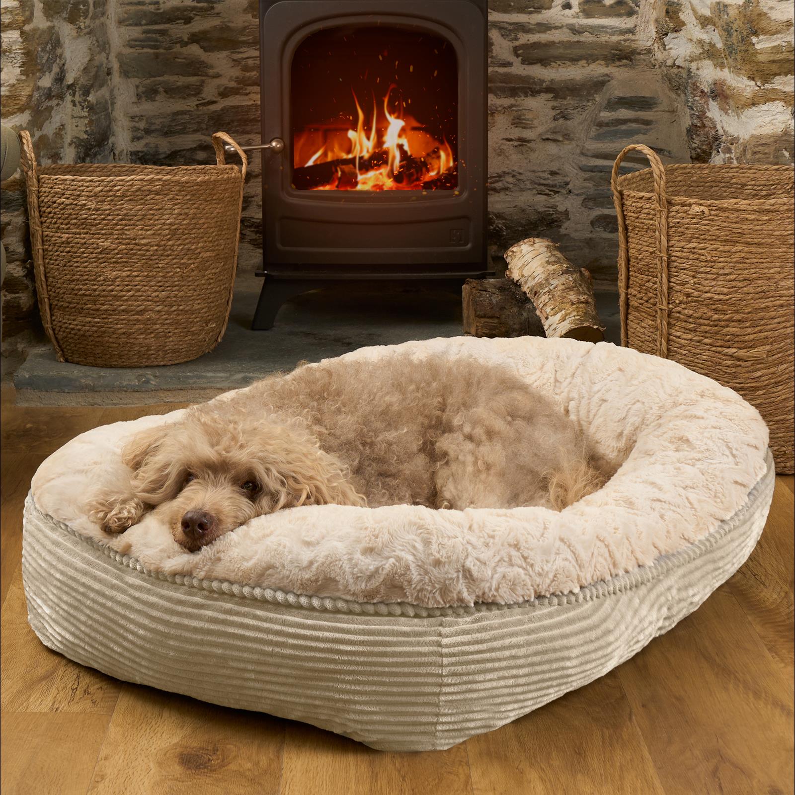 Dog Bed Washable Plush Soft Faux Fur Fleece Ribbed Pet Basket Cushion Warm Cosy