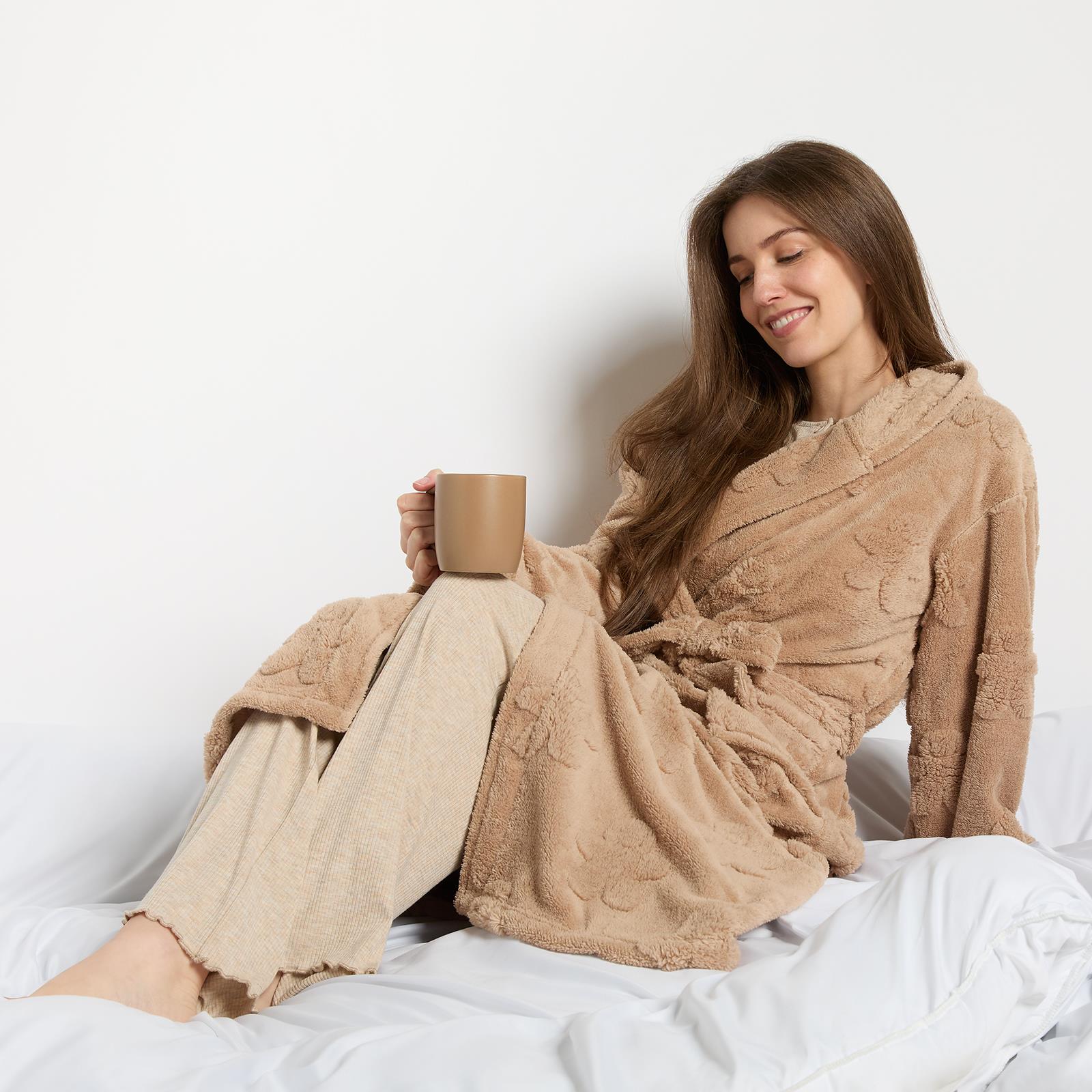OHS Tufted Dressing Gown Soft Fleece Robe Thermal Bathrobe Hooded Loungewear