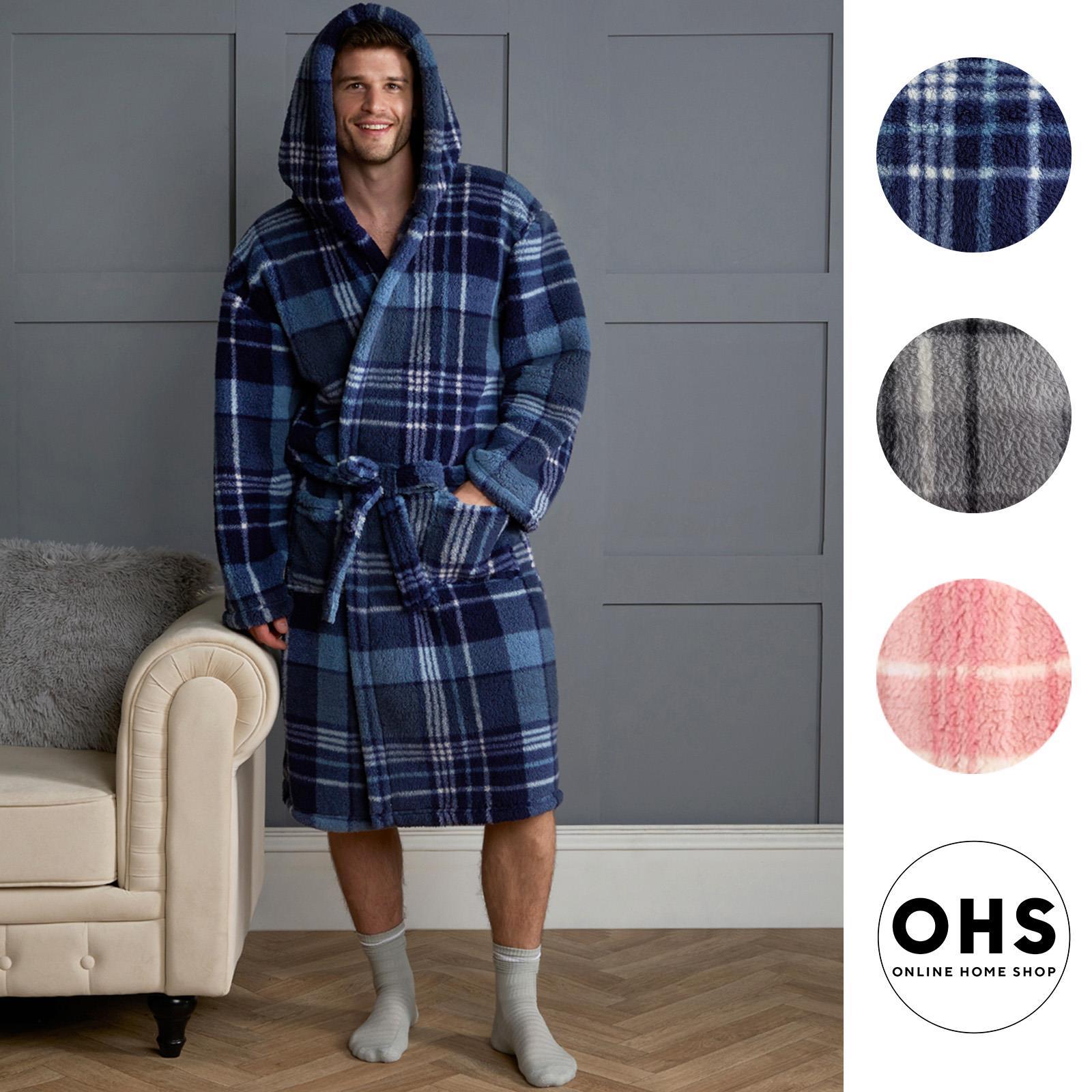 OHS Teddy Dressing Gown Tartan Check Soft Unisex Hooded Xmas Loungewear Robe