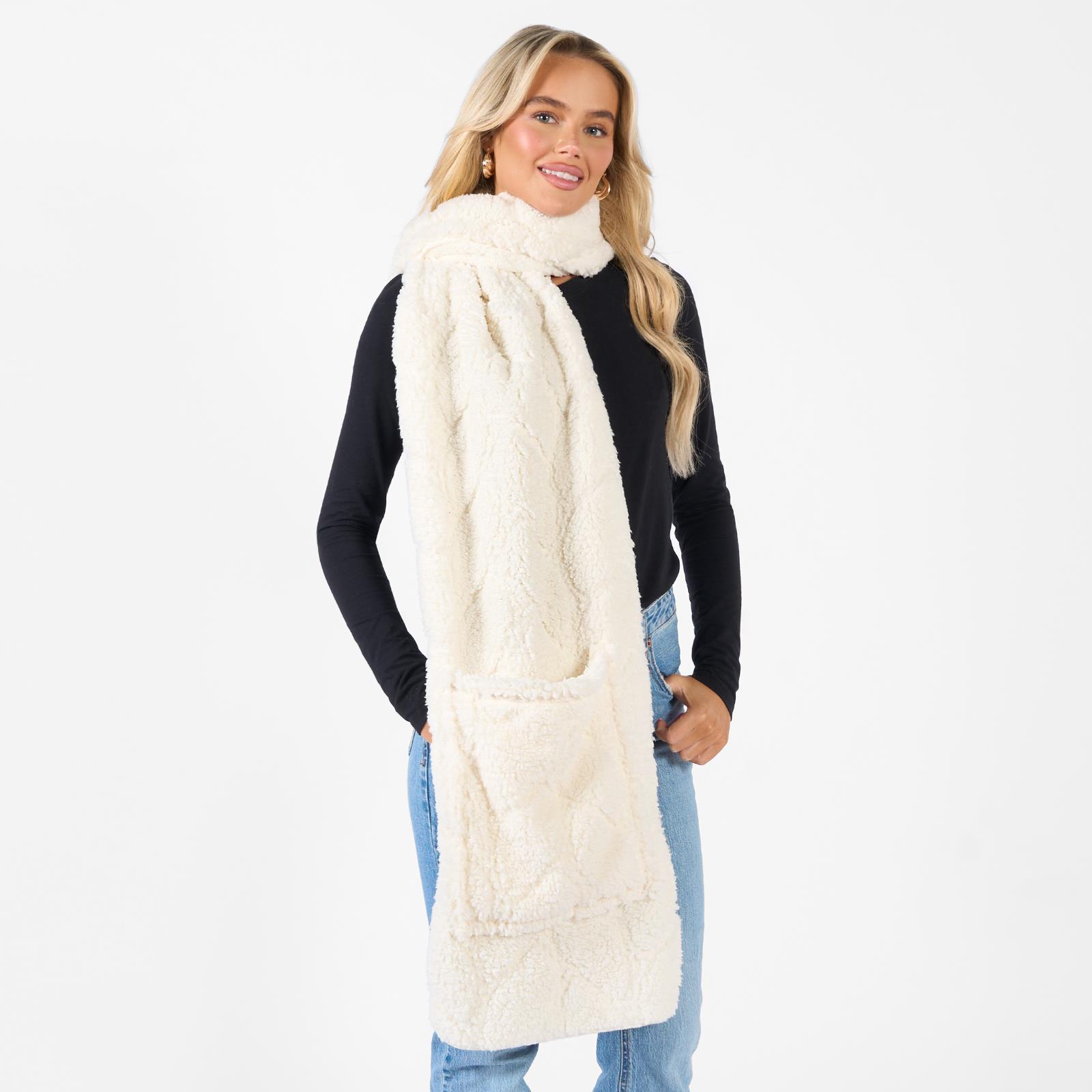 Braided Fleece Scarf Long Supersoft Thermal Pockets Shawl Wrap Hand Neck Warmer
