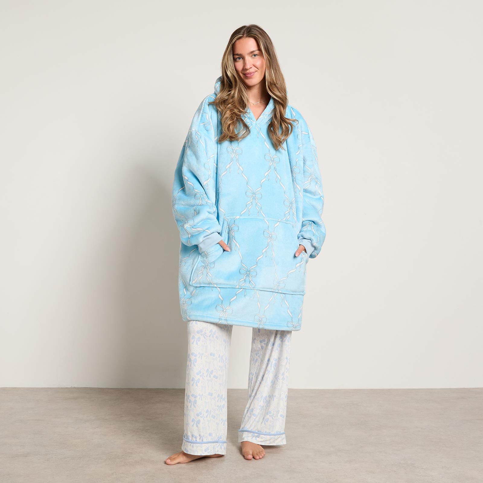 OHS Bow Lattice Hoodie Blanket Sherpa Lined Fleece Wearable Throw Thermal