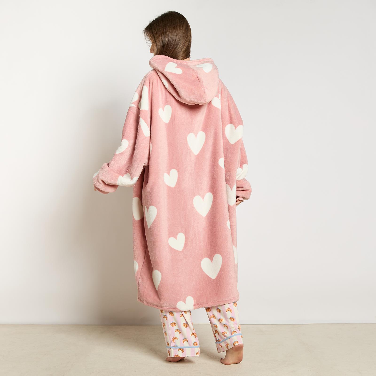 OHS Heart Print Hoodie Blanket Oversized Adult Fleece Sherpa Throw Jumper