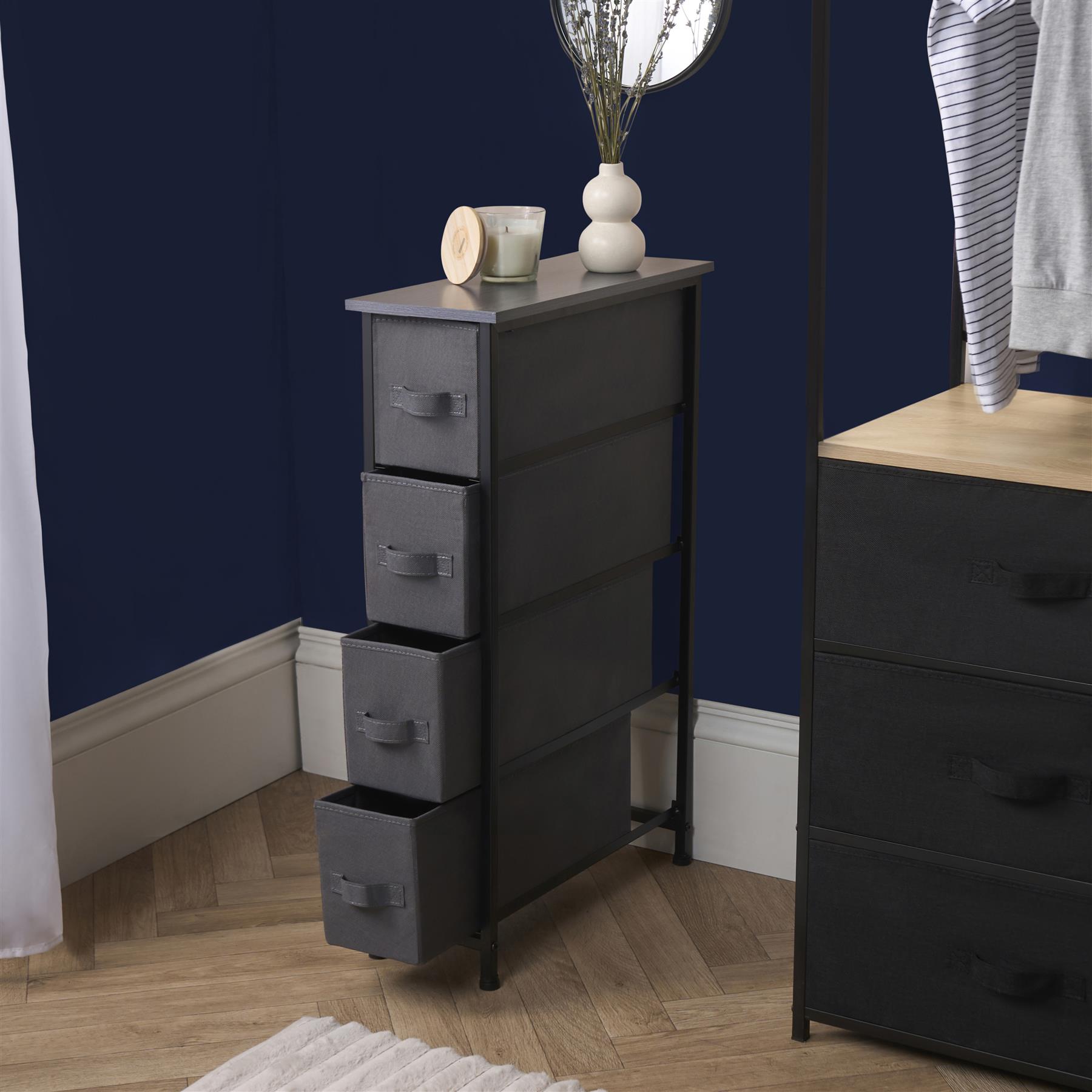 Narrow 4 Drawer Storage Cabinet Bedside Table Unit Clothes Home Fabric Organiser