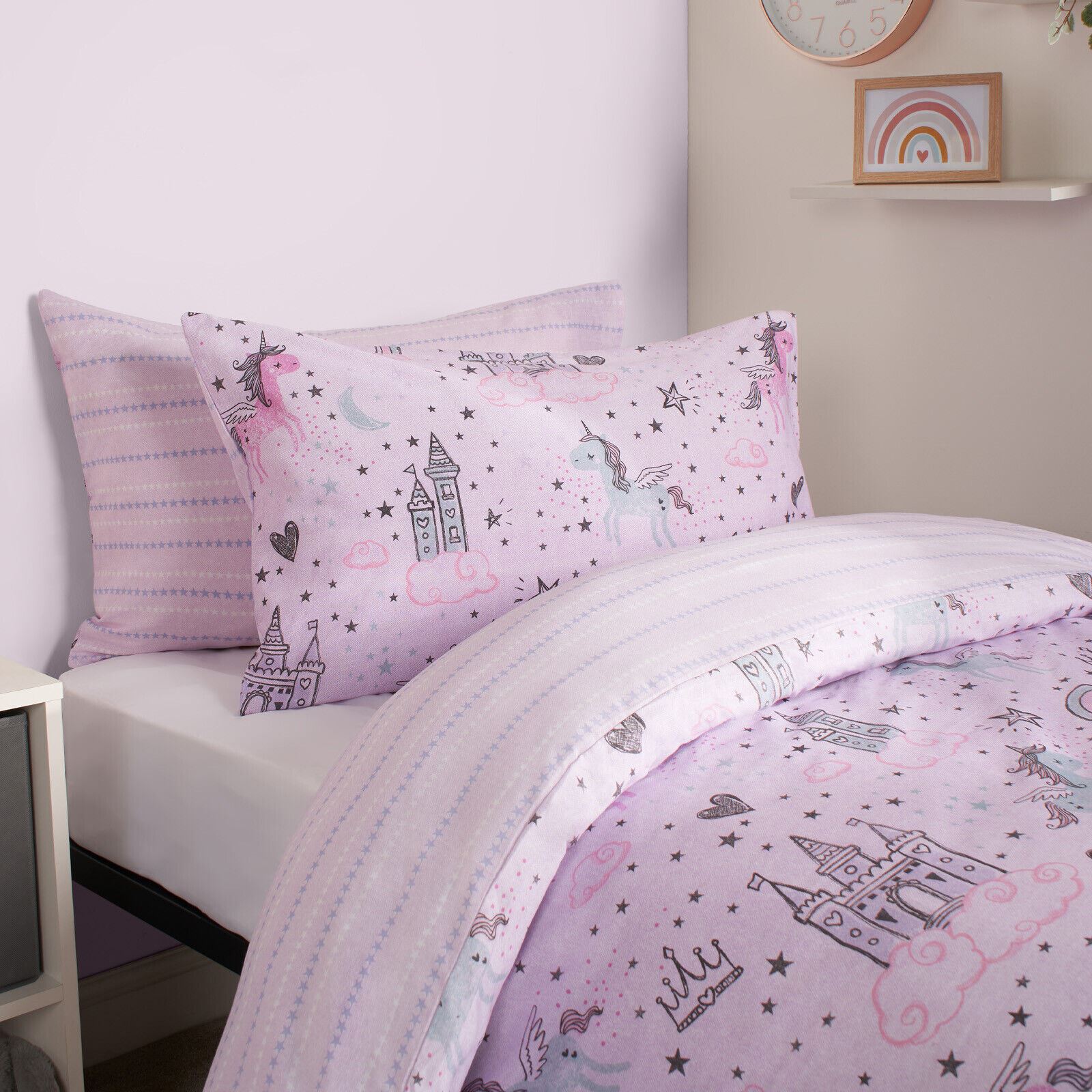 Dreamscene Unicorn Kingdom Duvet Cover and Pillowcase Kids Pink Star Bedding Set