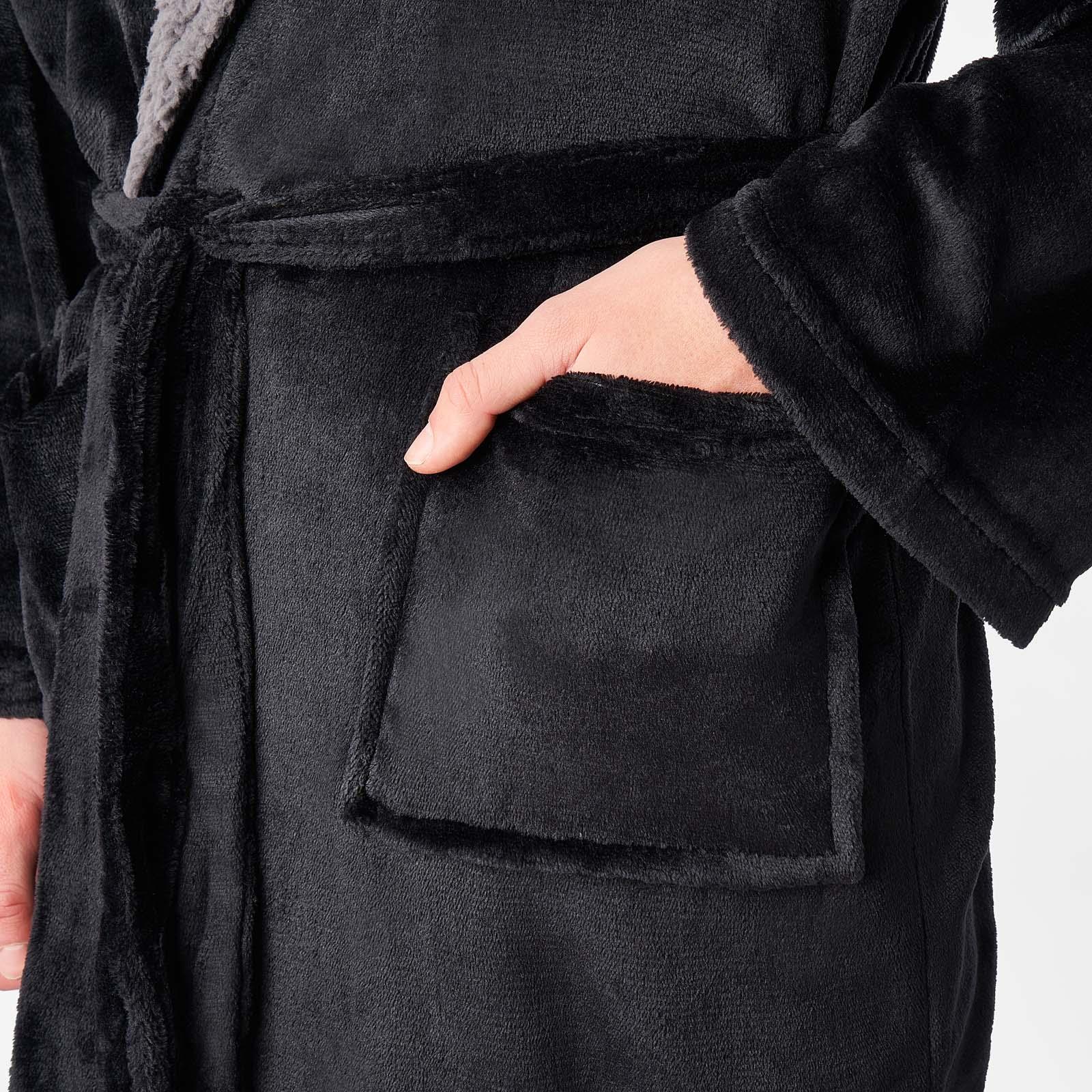 OHS Mens Dressing Gown Long Hooded Soft Flannel Fleece Sherpa Bathrobe Lounge