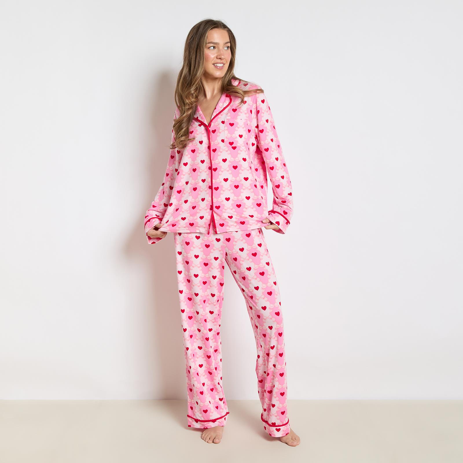 OHS Bows Pyjama Set Womens Jersey Button Through Soft Nightwear Loungewear