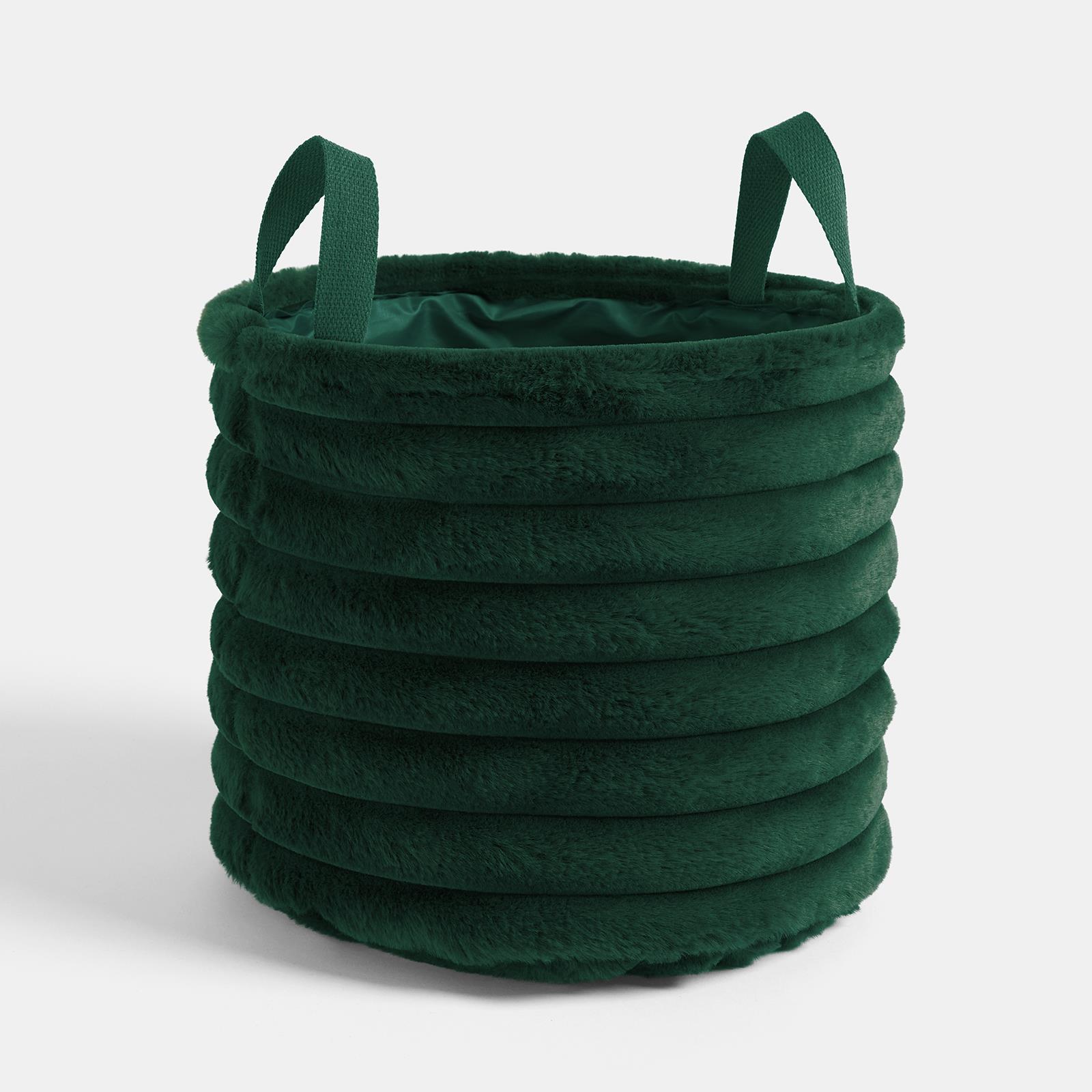 OHS Ribbed Storage Basket with Handles Faux Fur Compact Bucket Organiser