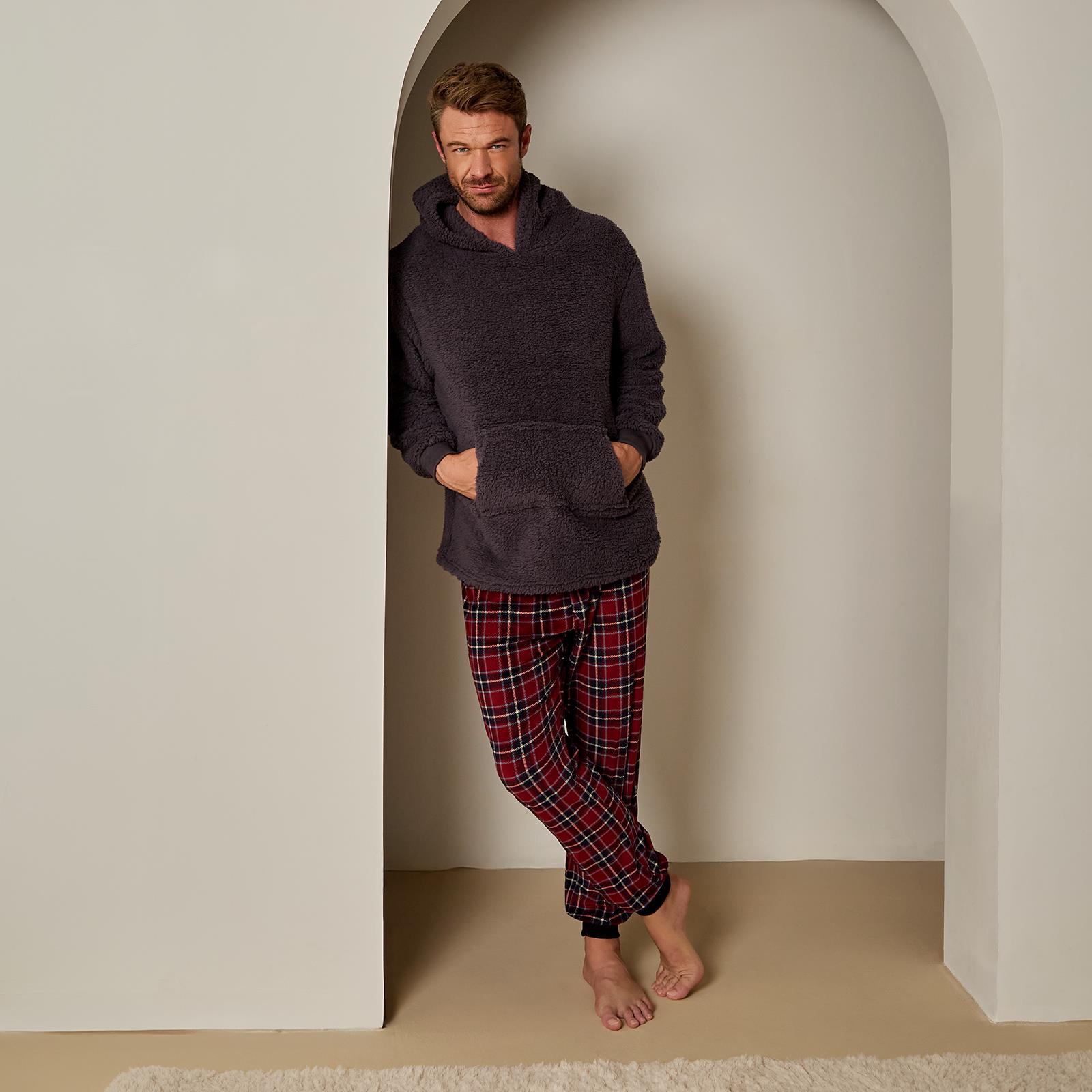 OHS Mens Pyjama Set Teddy Fleece Plain Hoodie Check WInter Thermal Loungewear