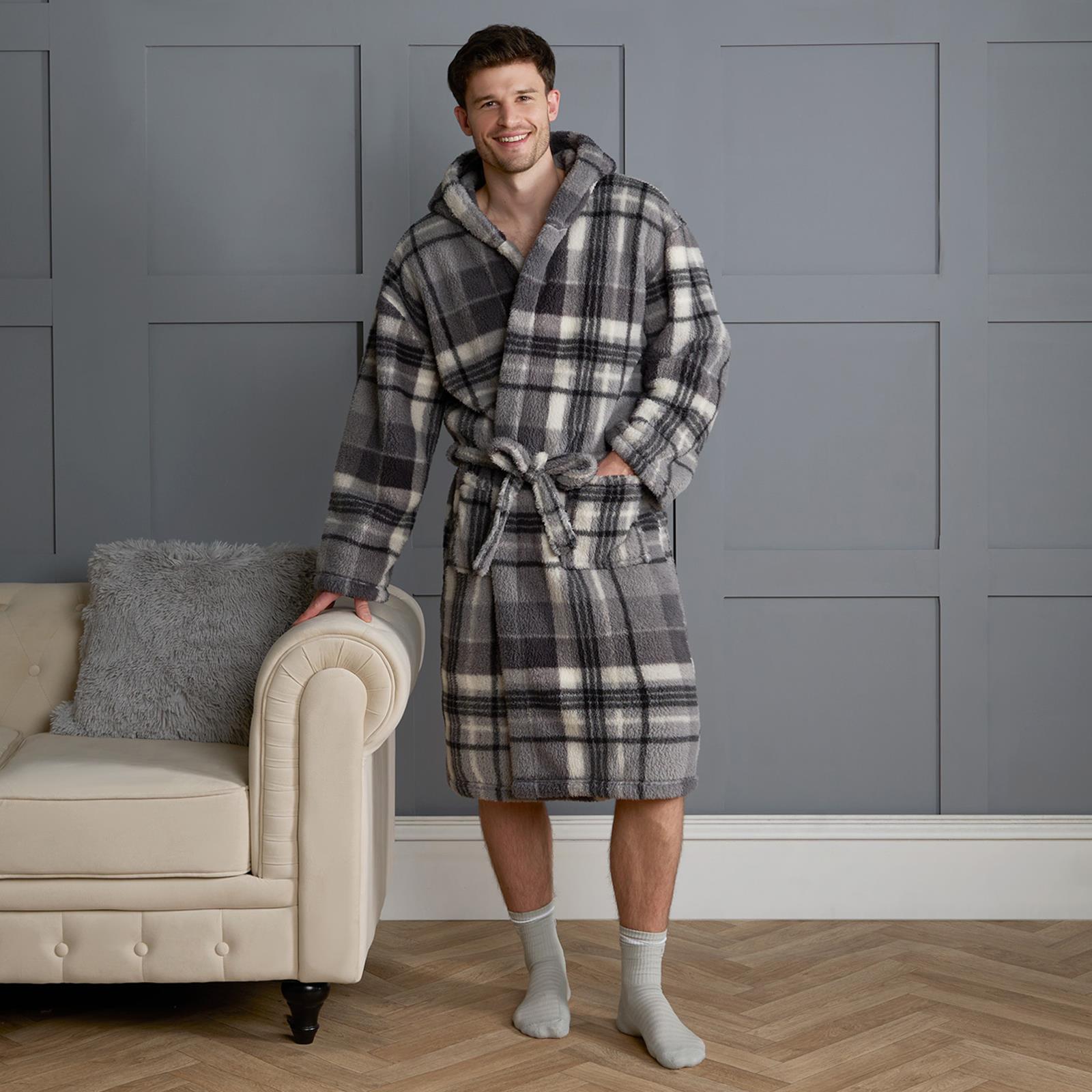 OHS Teddy Dressing Gown Tartan Check Soft Unisex Hooded Xmas Loungewear Robe