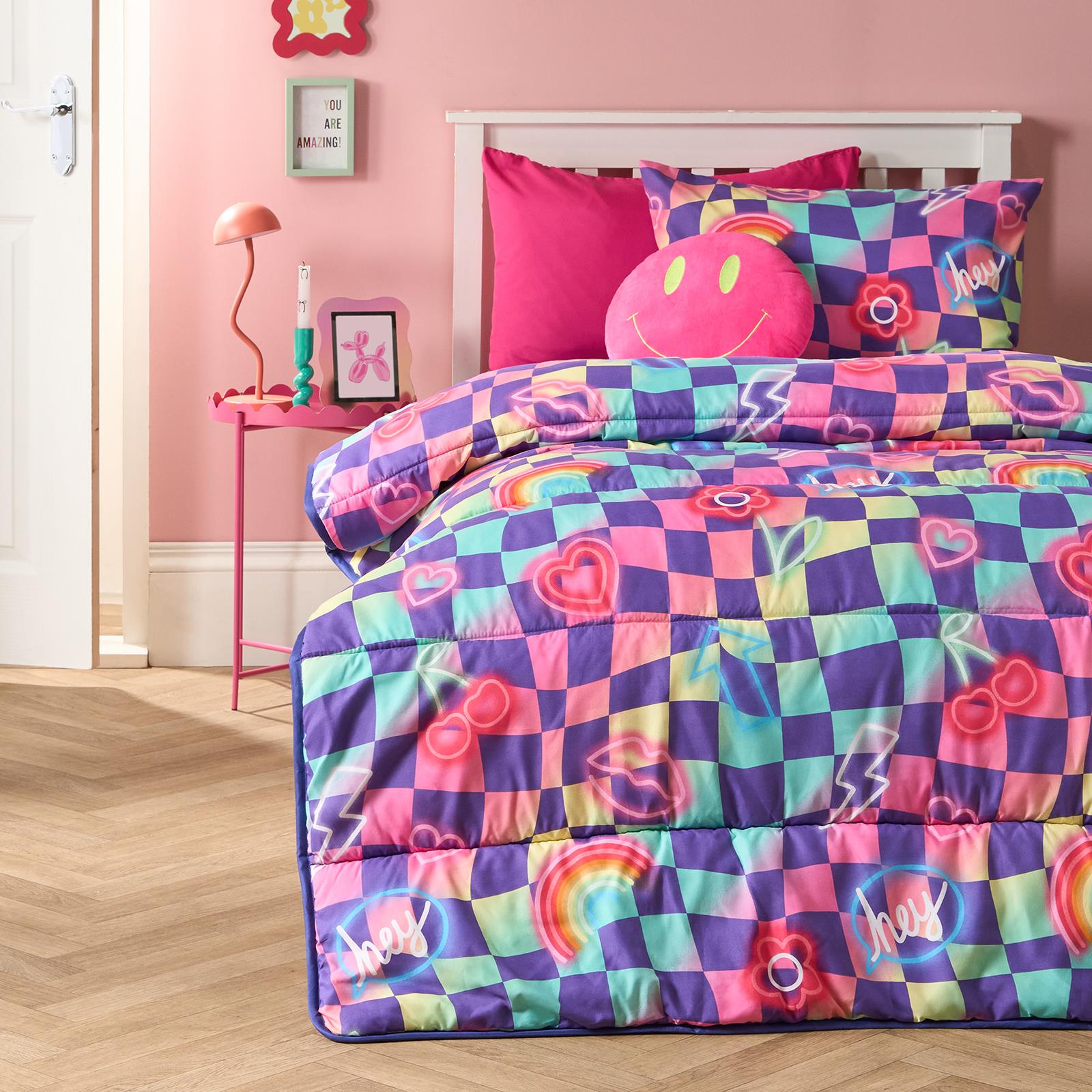 OHS Checkerboard Coverless 10.5 Tog Duvet Set with Pillowcase Kids Neon Single