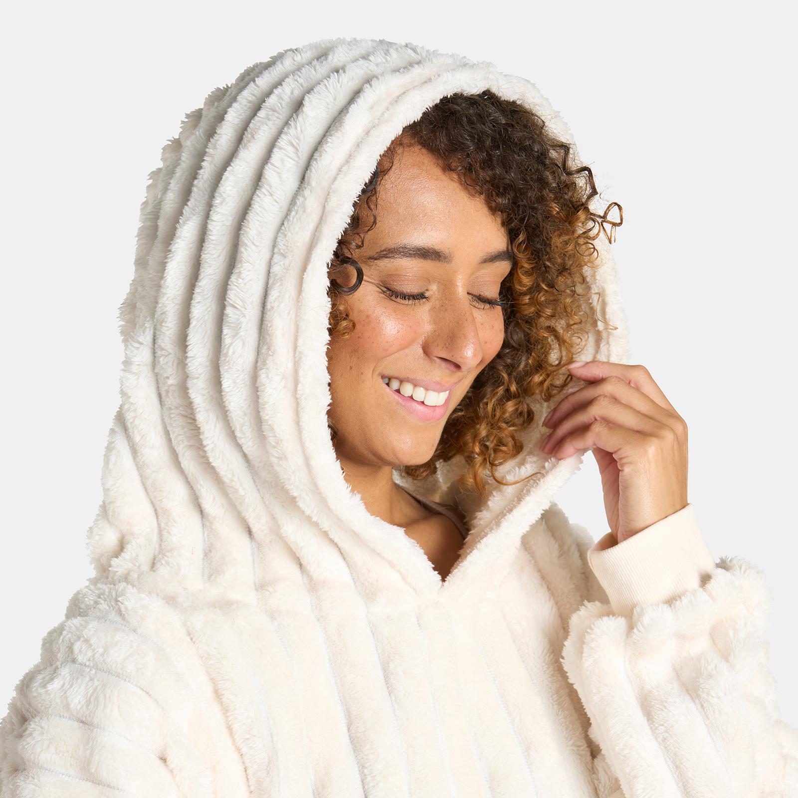 OHS Ribbed Flannel Hooded Blanket Fleece Wearable Throw Warm Oversized Hoodie