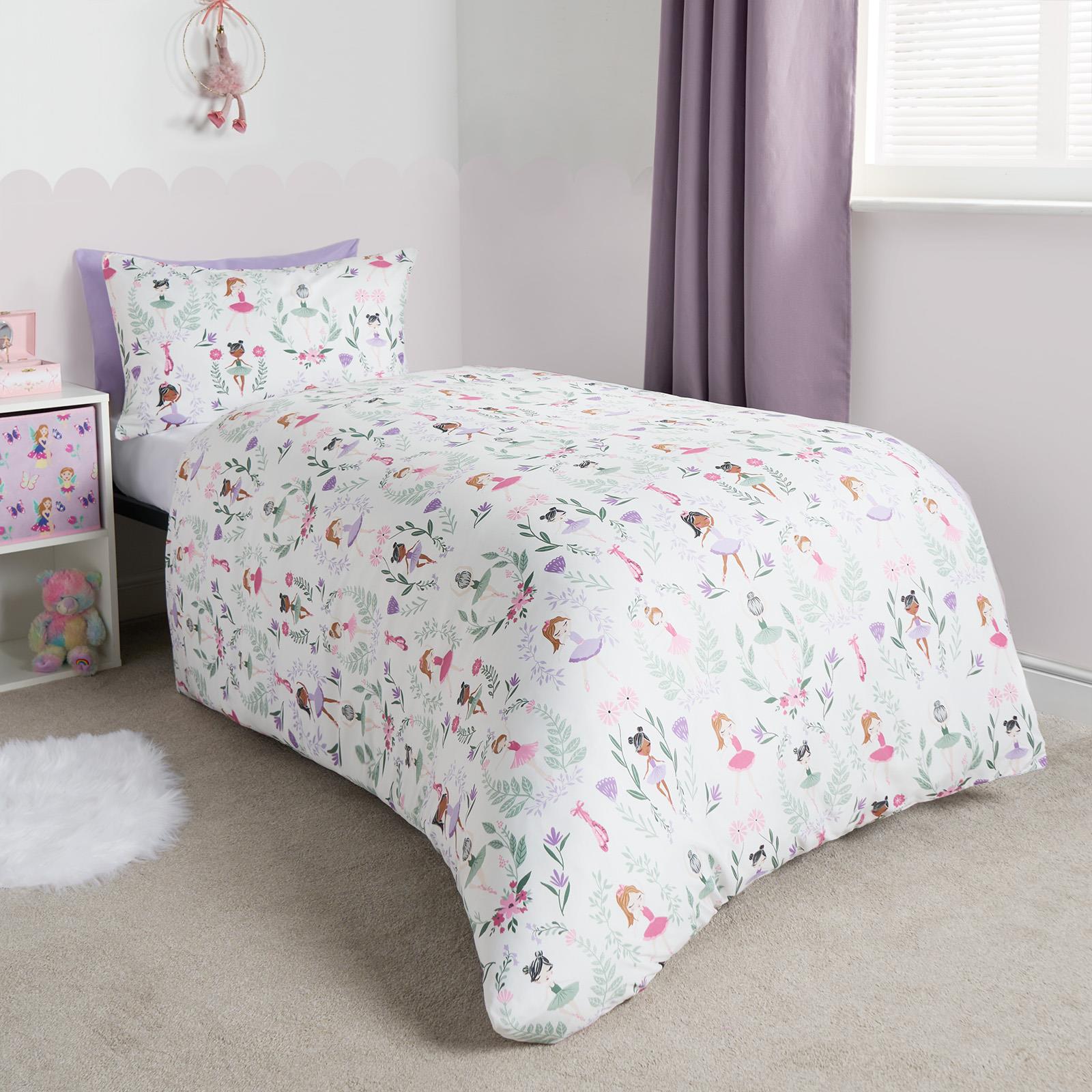 Reversible Duvet Cover Set Kids Ballerina Soft Floral Quilt Pillowcases Bedding