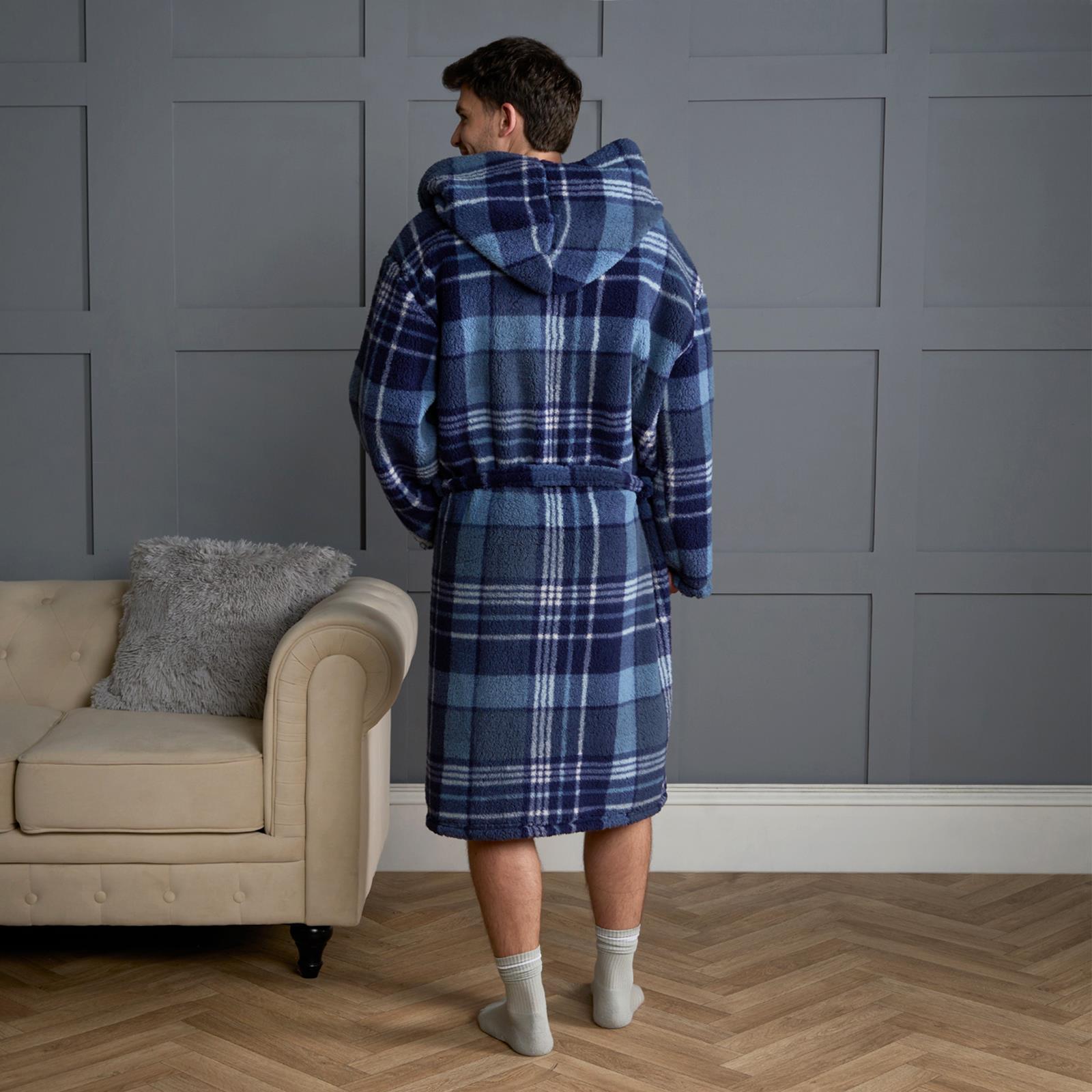 OHS Teddy Dressing Gown Tartan Check Soft Unisex Hooded Xmas Loungewear Robe