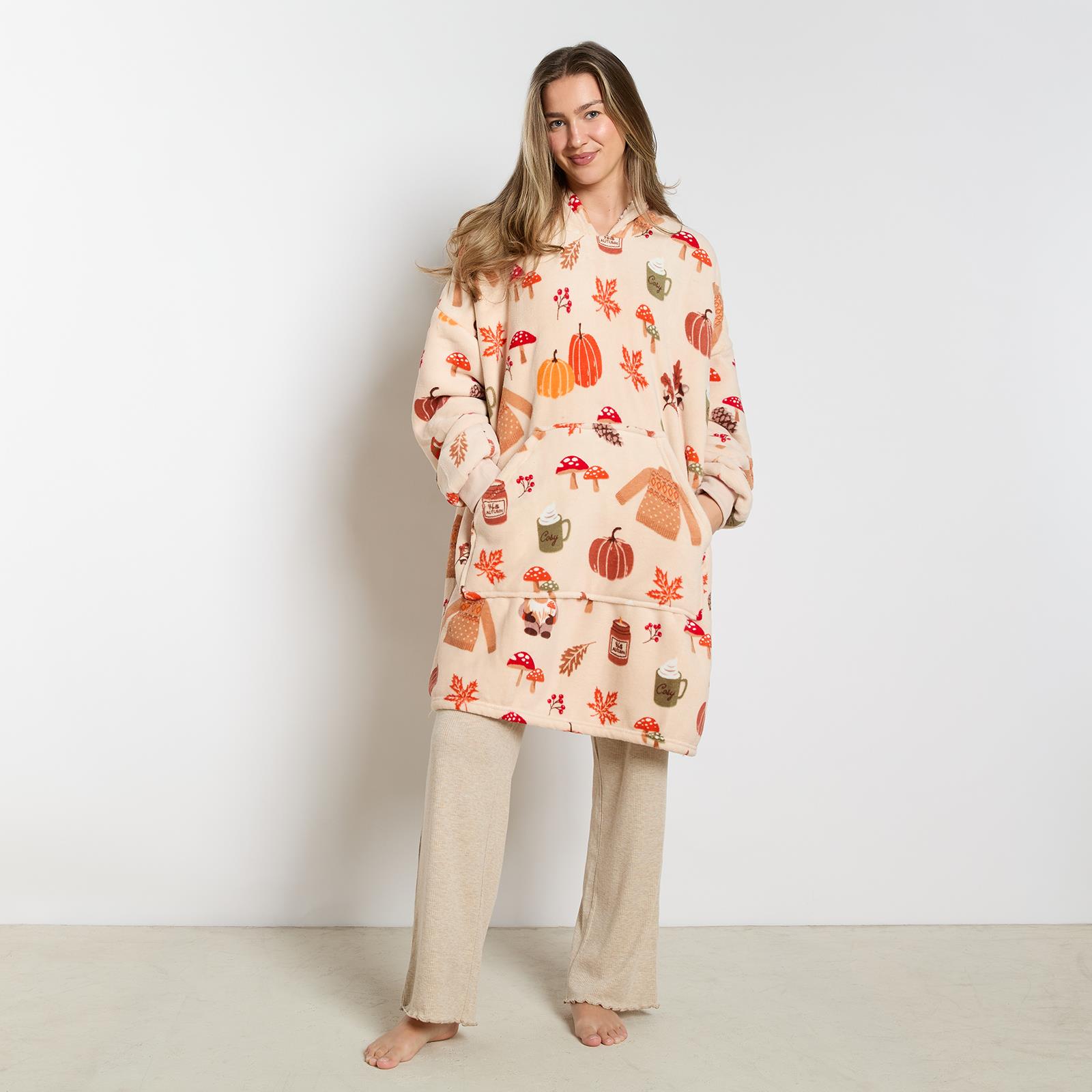 OHS Autumn Hoodie Blanket Pumpkin Prints Fleece Wearable Throw Sherpa