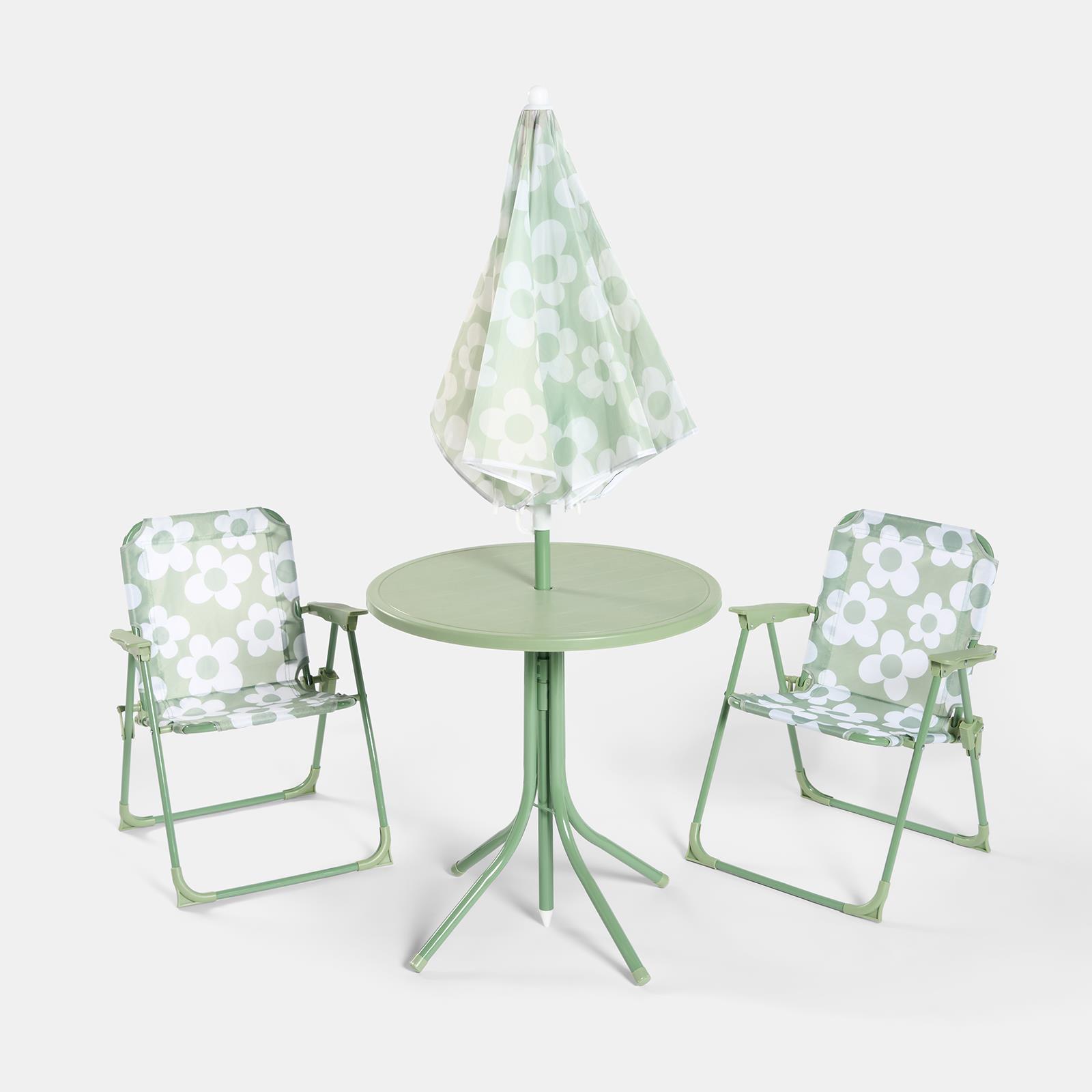 OHS Kids Folding Bistro Set Daisy Print Table Chair Seat with Parasol Garden