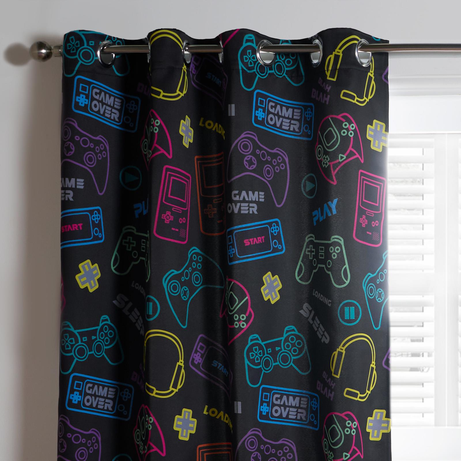 Gaming Eyelet Curtains Pair of Blackout Woven Ring Top Panels Ready Made Kids