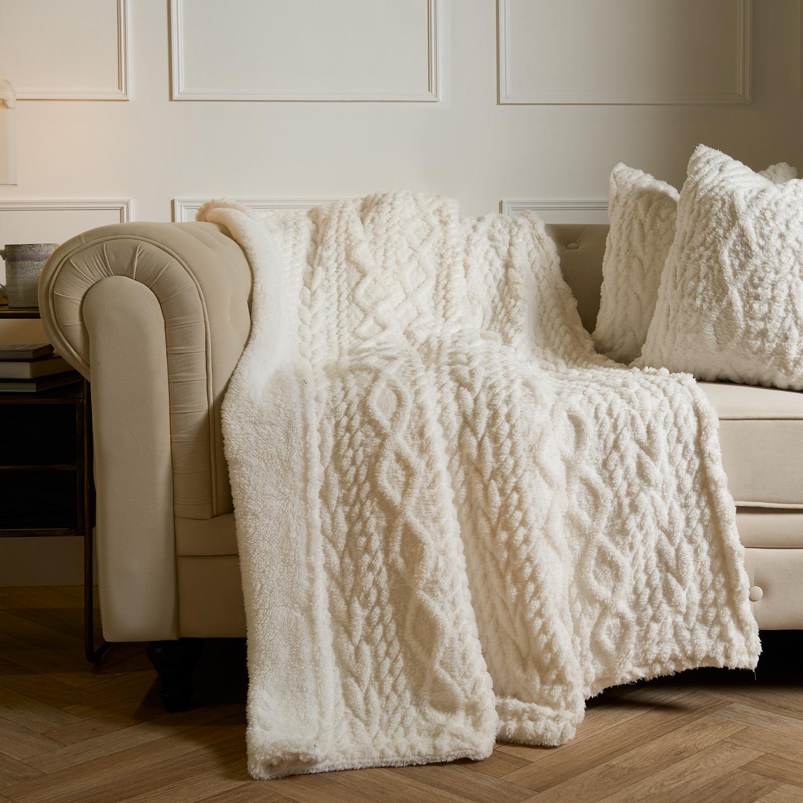 OHS Cable Knit Blanket Sherpa Fleece Sofa Plush Soft Warm Throw Over Bed Chair