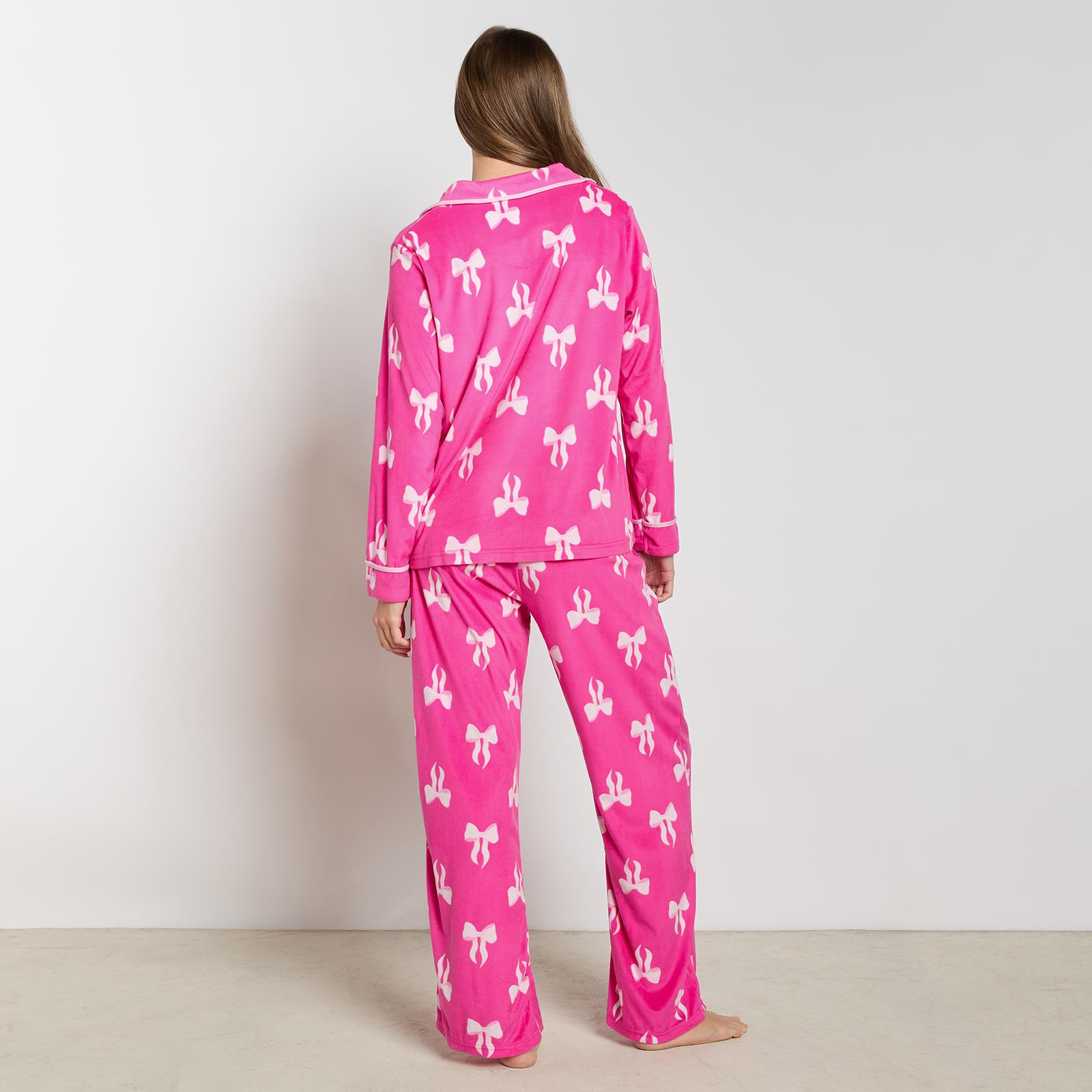 OHS Bows Pyjama Set Womens Button Through Baby Fleece Loungewear Nightwear