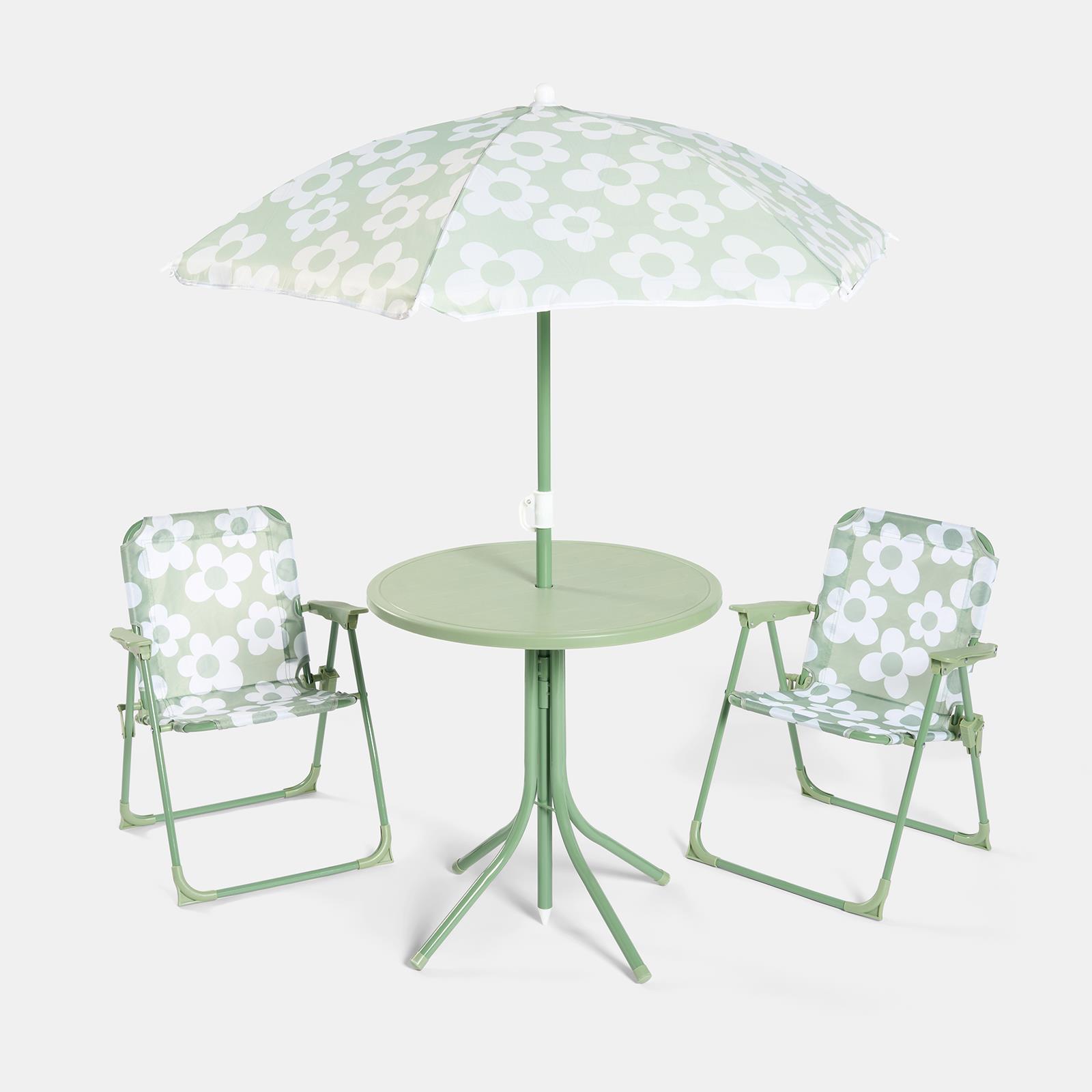 OHS Kids Folding Bistro Set Daisy Print Table Chair Seat with Parasol Garden