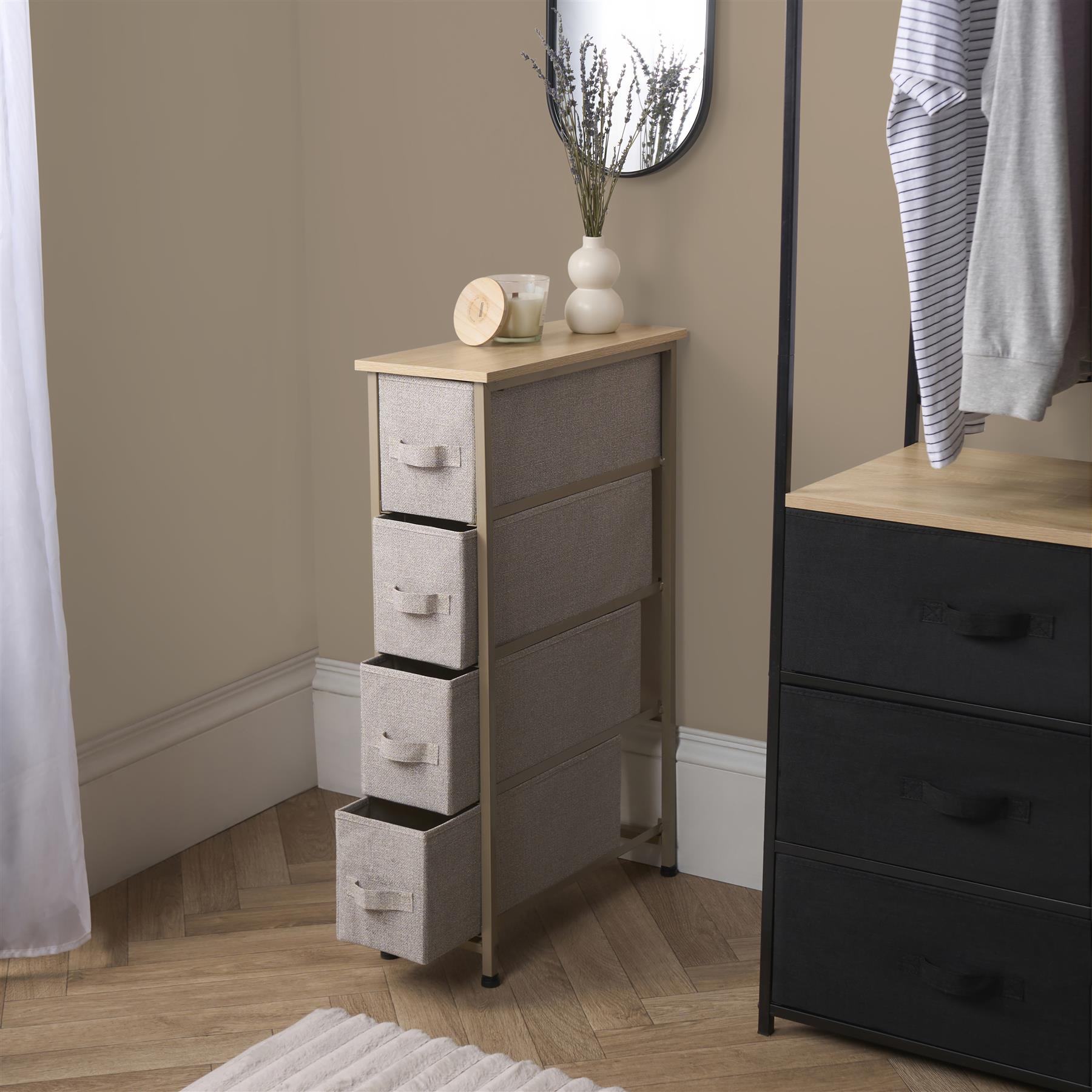 Narrow 4 Drawer Storage Cabinet Bedside Table Unit Clothes Home Fabric Organiser