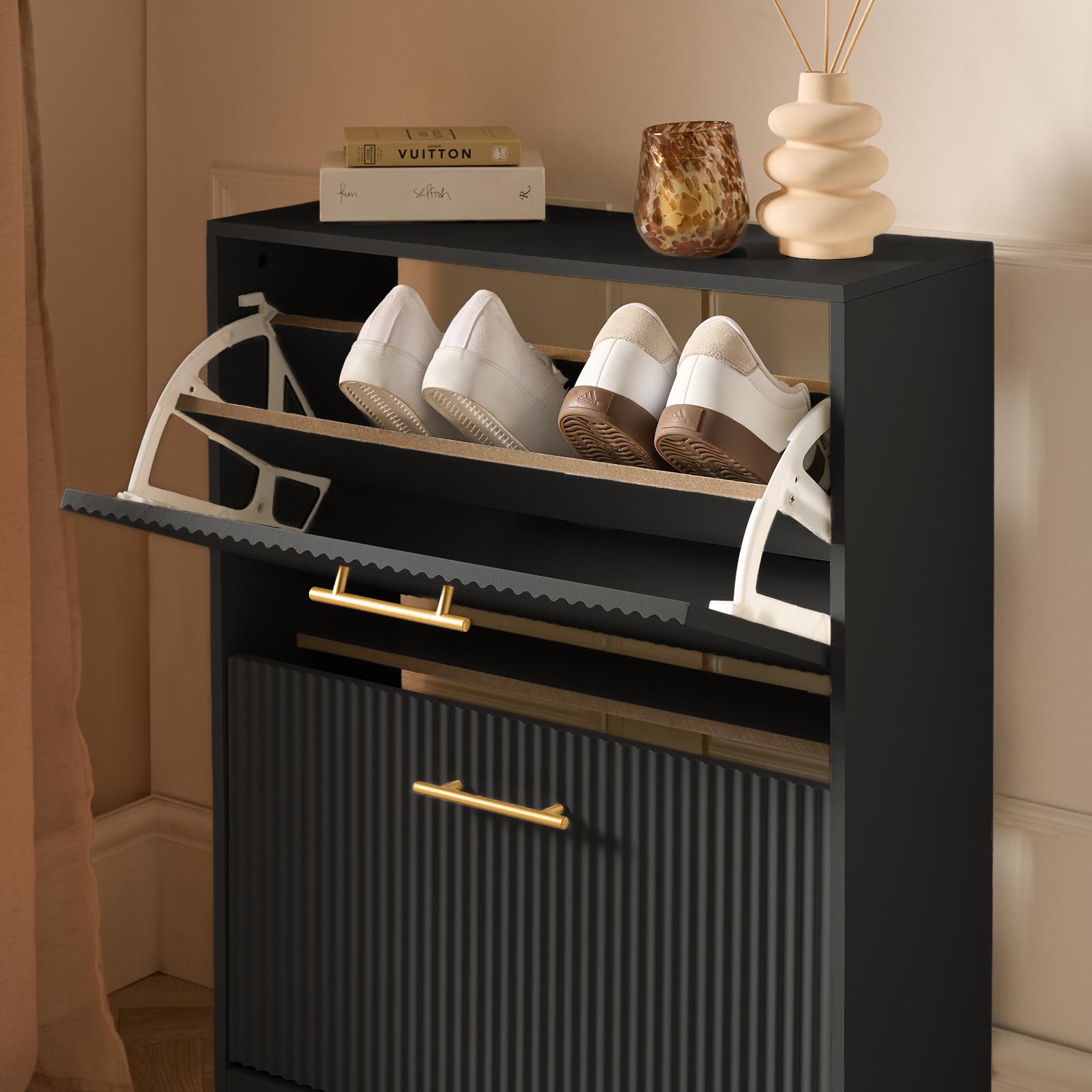 OHS Ribbed Shoe Rack 2 Drawer Wooden Cabinet Shoes Organiser Stand Holder