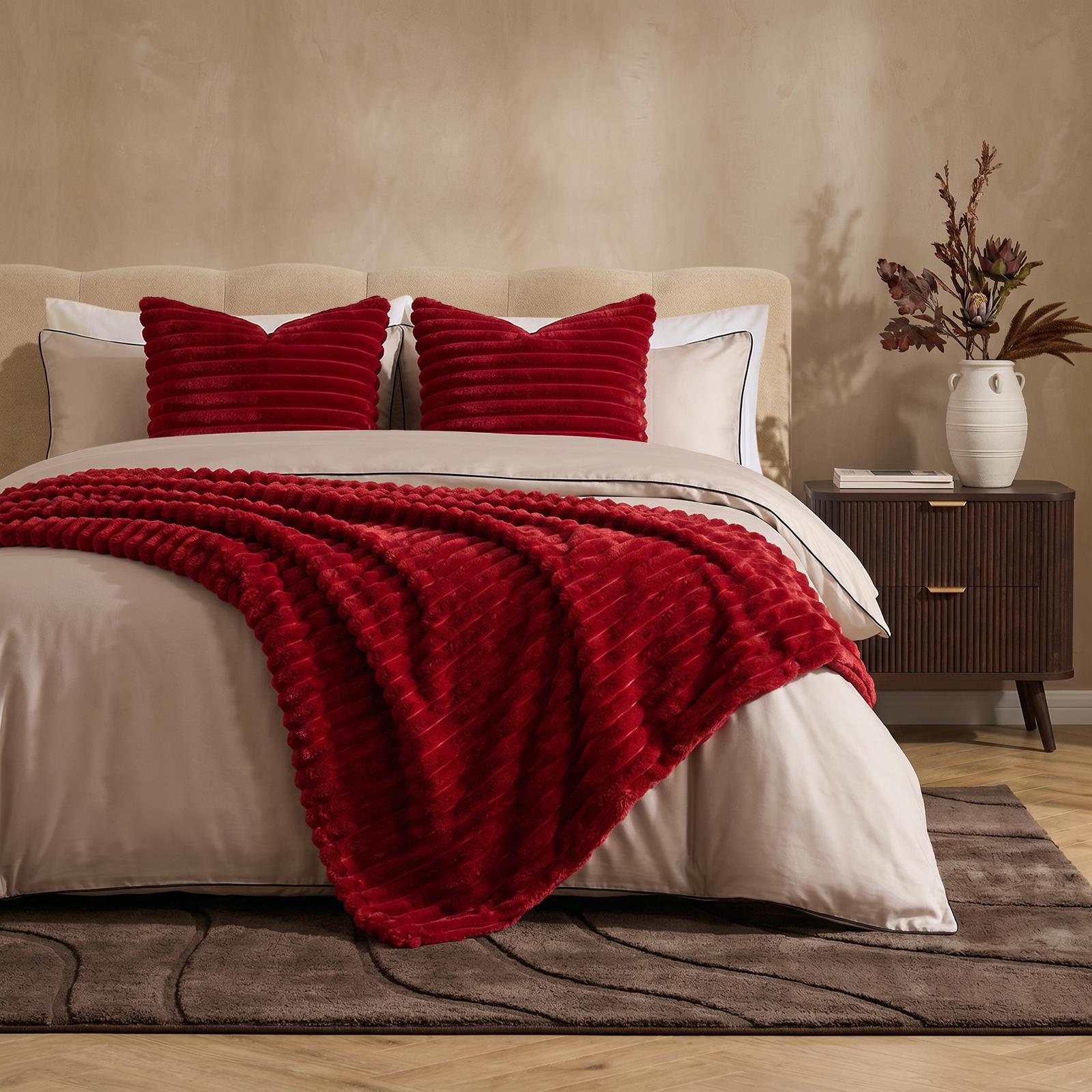 OHS Faux Fur Ribbed Fleece Throw Over Bed Blanket Warm Supersoft